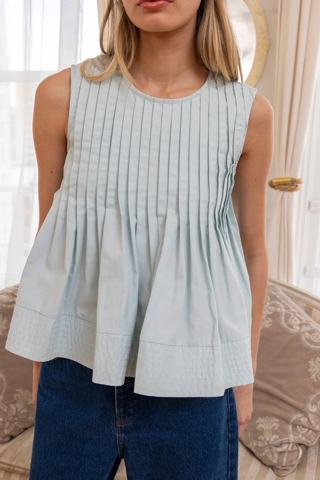Pleated Flare Sleeveless Blouse Sea Foam