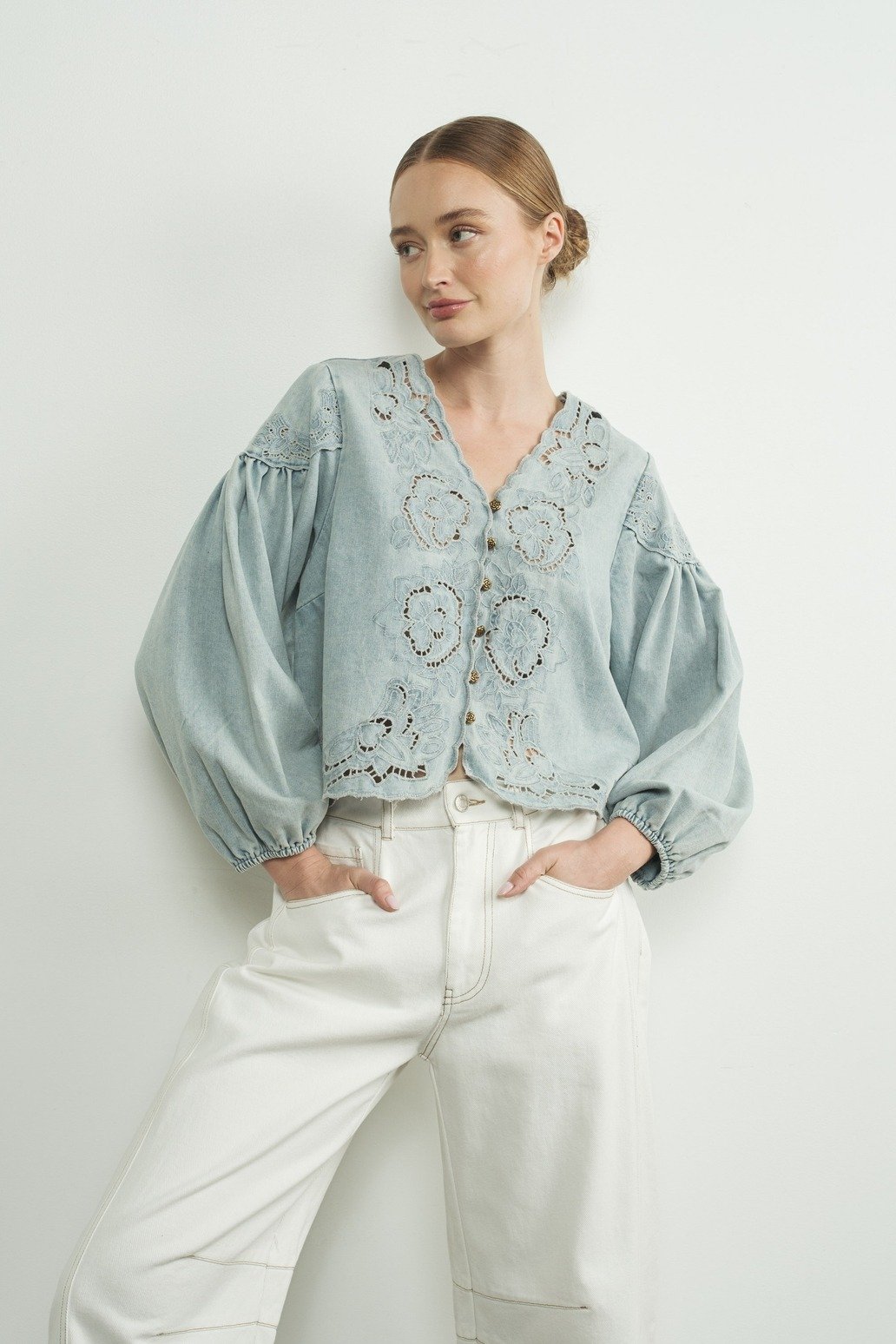 Embroidered Flower V-neck Button Blouse Denim