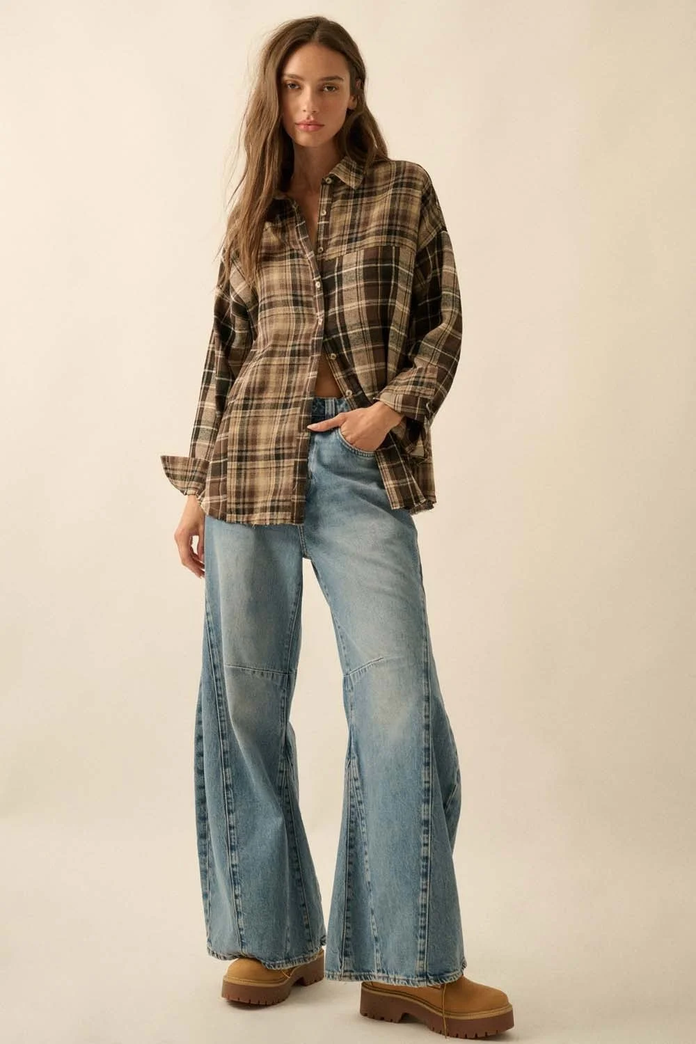 Colorblock Oversized Flannel Button Up Brown Plaid