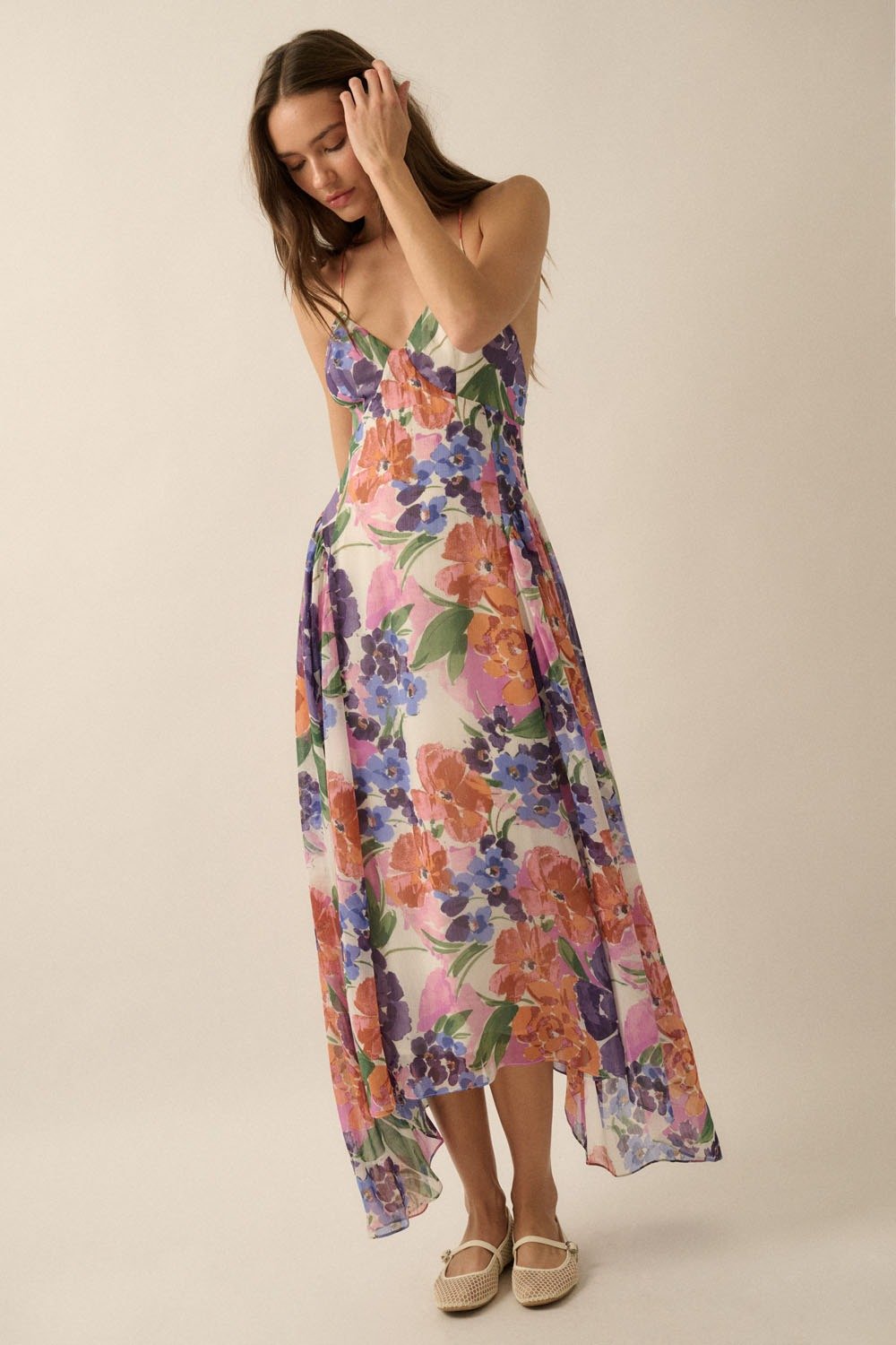Floral Chiffon Handkerchief Hem Dress