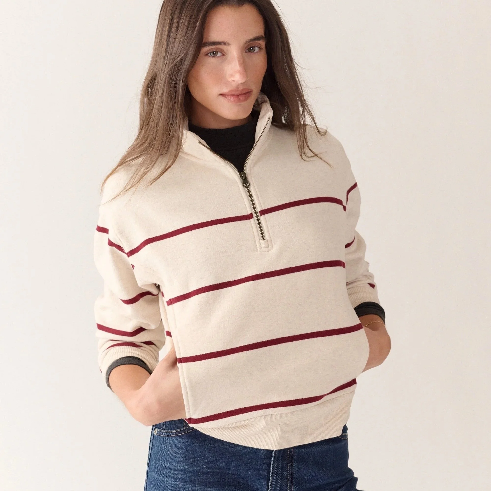 Marine Layer Cloud 9 Fleece Half Zip Oatmeal & Cabernet Stripe
