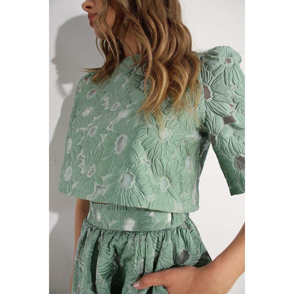 Floral Embossed Top & Skirt Set Mint