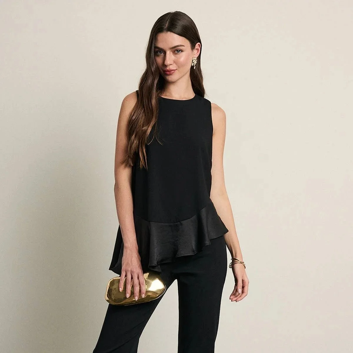 Satin Ruffle Hem Sleeveless Blouse Black
