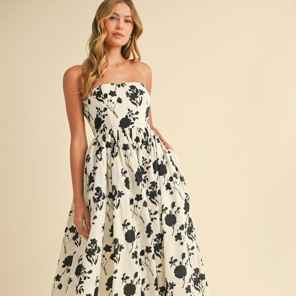 Strapless Tea Dress Ivory & Black Floral