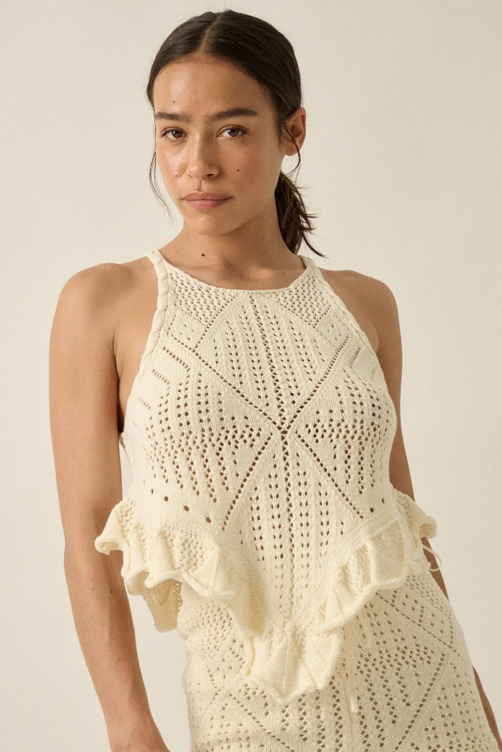 Pointelle Crochet Ruffled Handkerchief Top Cream