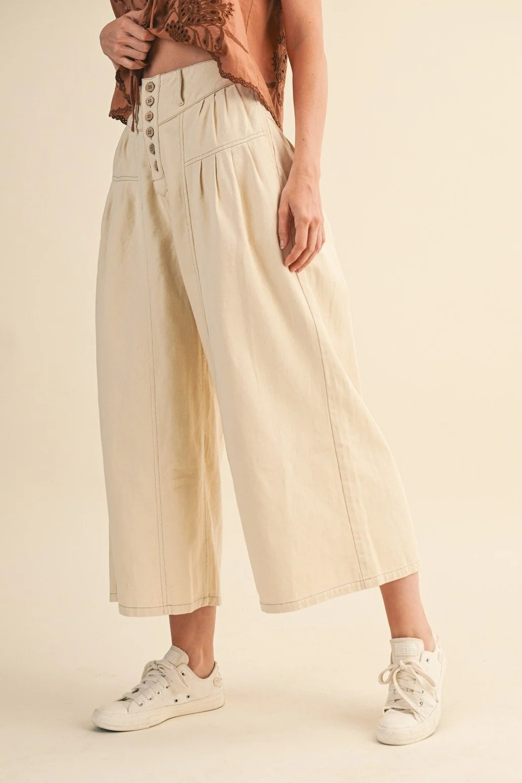 Cotton Twill Pleat Front Pants Cream