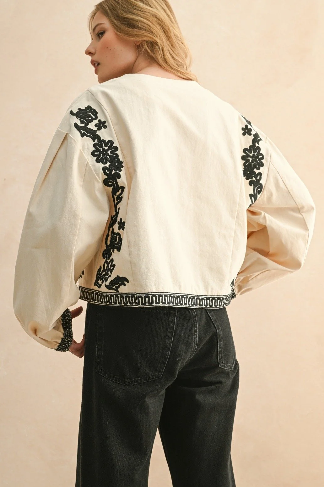 Floral Embroidered Tie Front Jacket Ecru