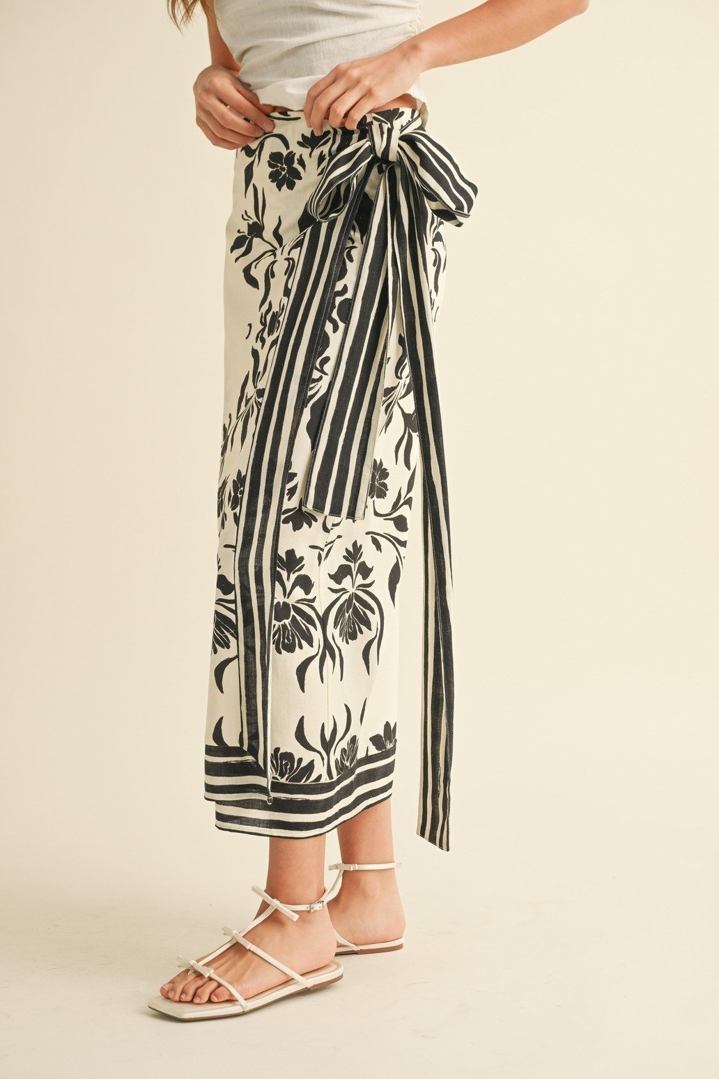 Floral Linen Wrap Skirt Cream & Black