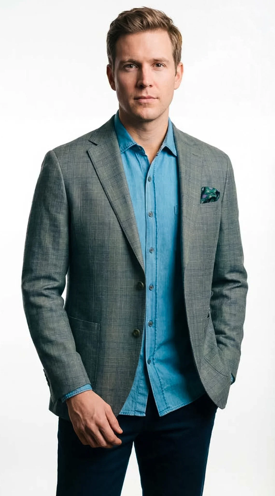 Notch Lapel Sport Coat Wool/Silk/Linen - Olive/Blue Plaid - 6308