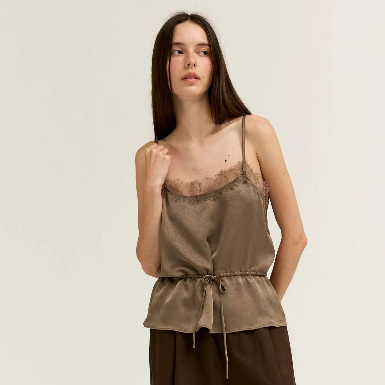 Crinkle Satin & Lace Slip Top Mushroom Taupe