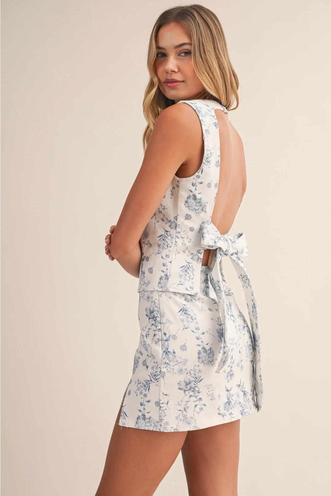Bow Back Top & Mini Skirt SET Blue Floral Twill