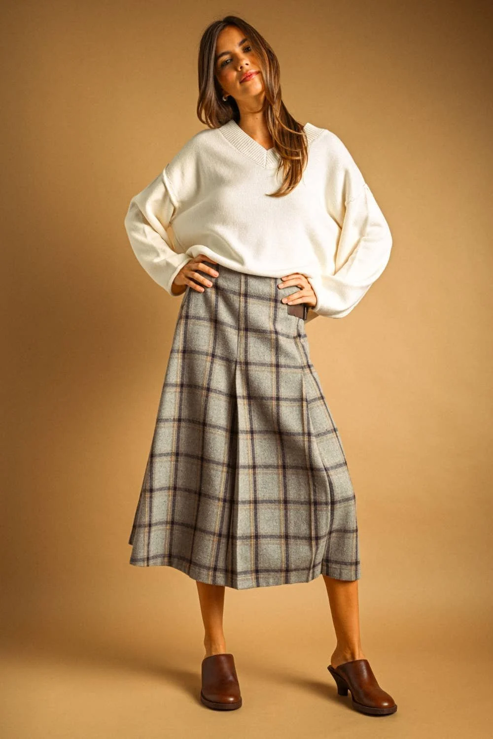 Pleated Midi Wrap Skirt Gray Multi Plaid