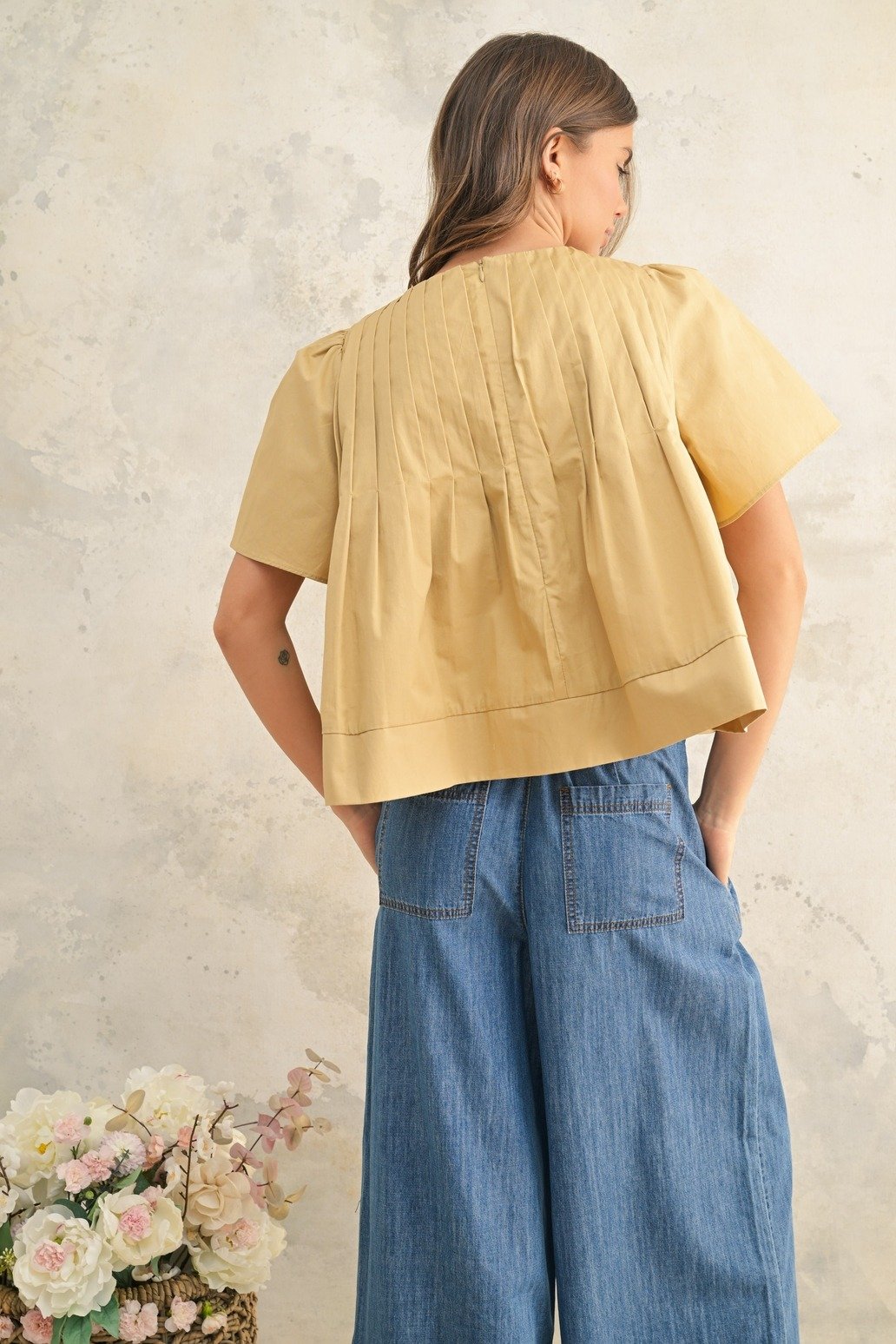 Pleated Front Short Sleeve Blouse Tan