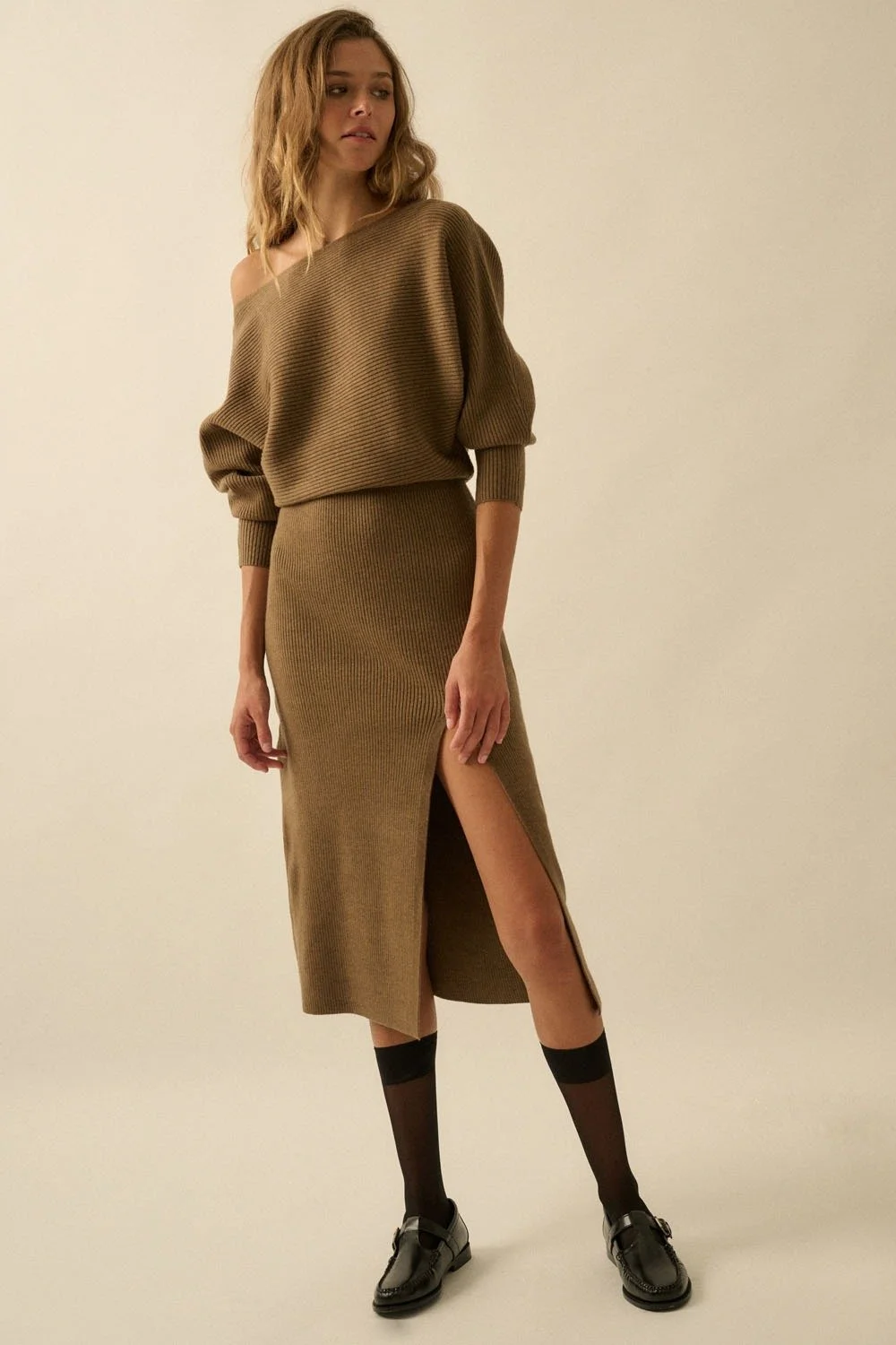One Shoulder Rib Knit Dolman Sweater Dress Olive Brown