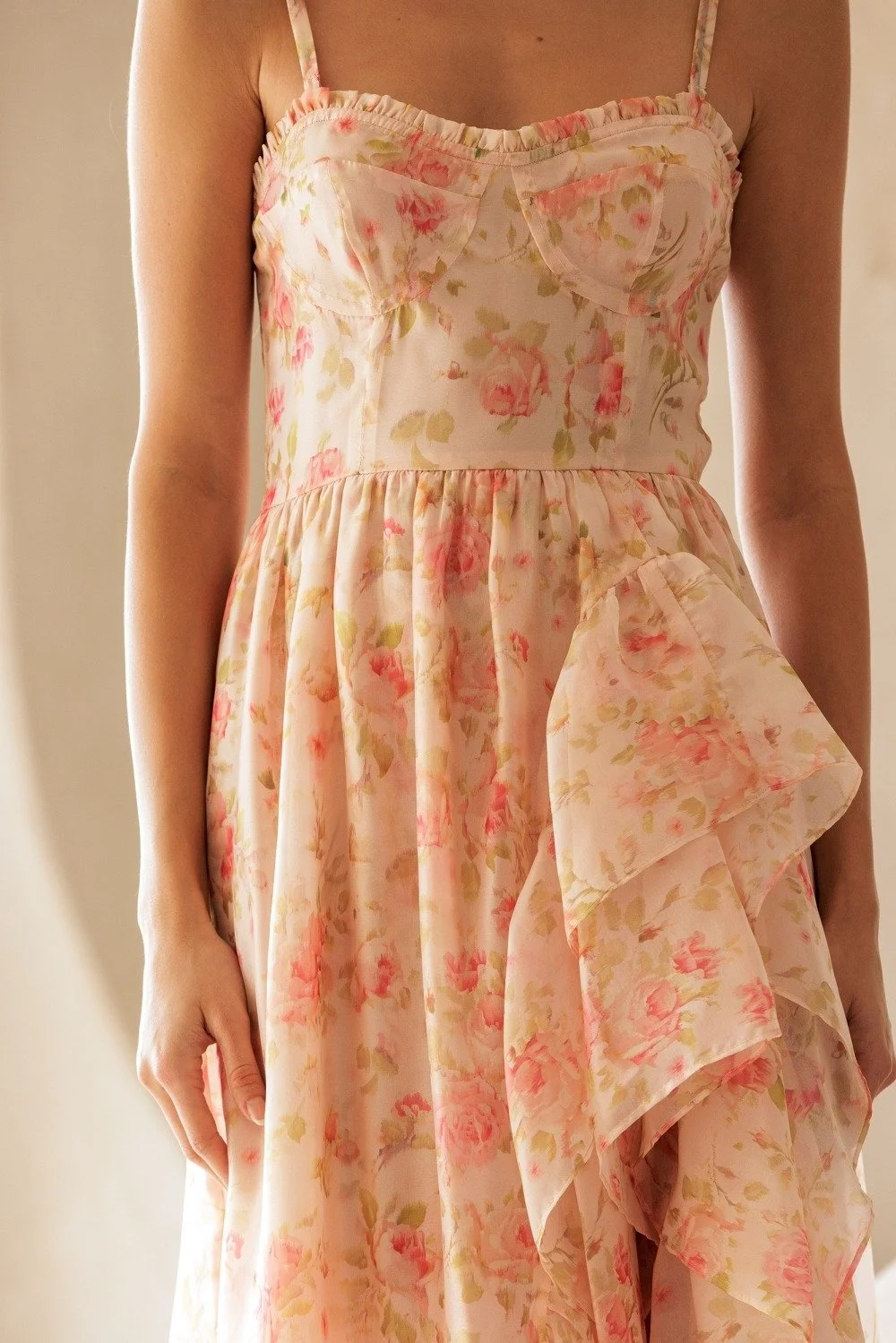 Ruffled Corset Maxi Dress Apricot Floral