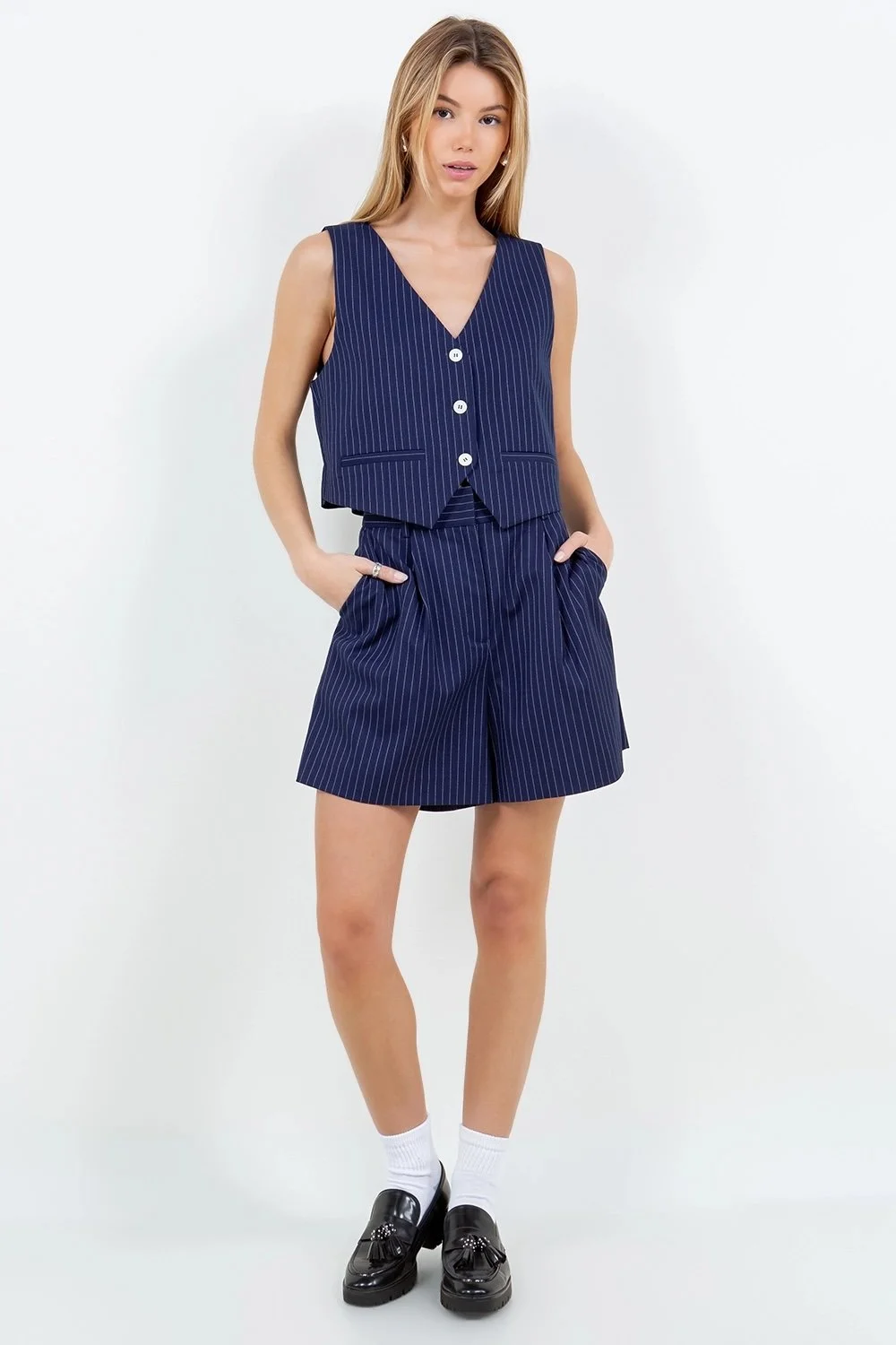 Tailored Pinstripe Shorts Bright Navy