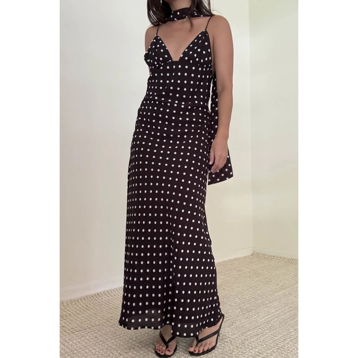 Chiffon V-neck Maxi Dress with Scarf Black Polka Dot