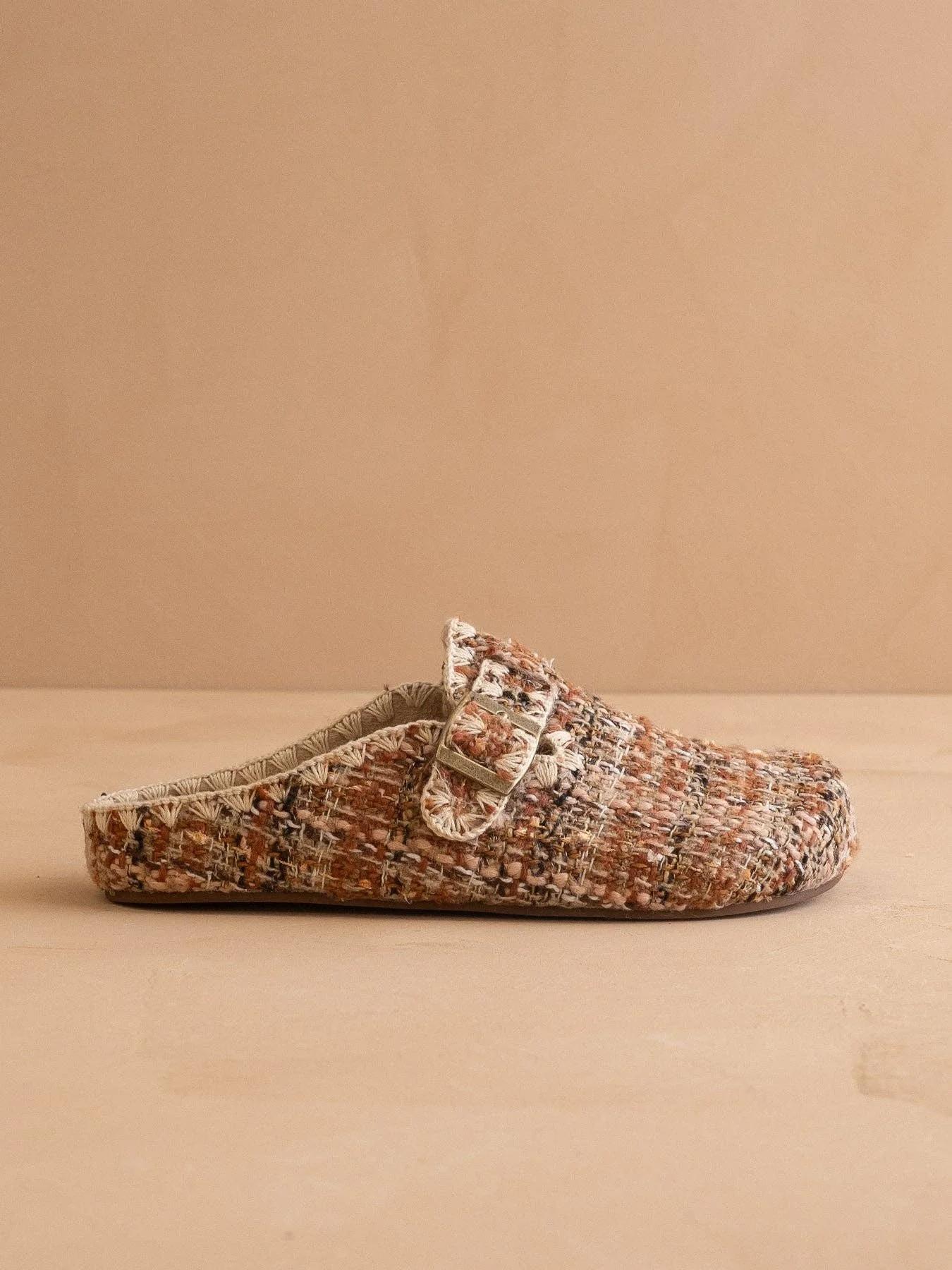 The Teri Buckle Mule Chai Tweed
