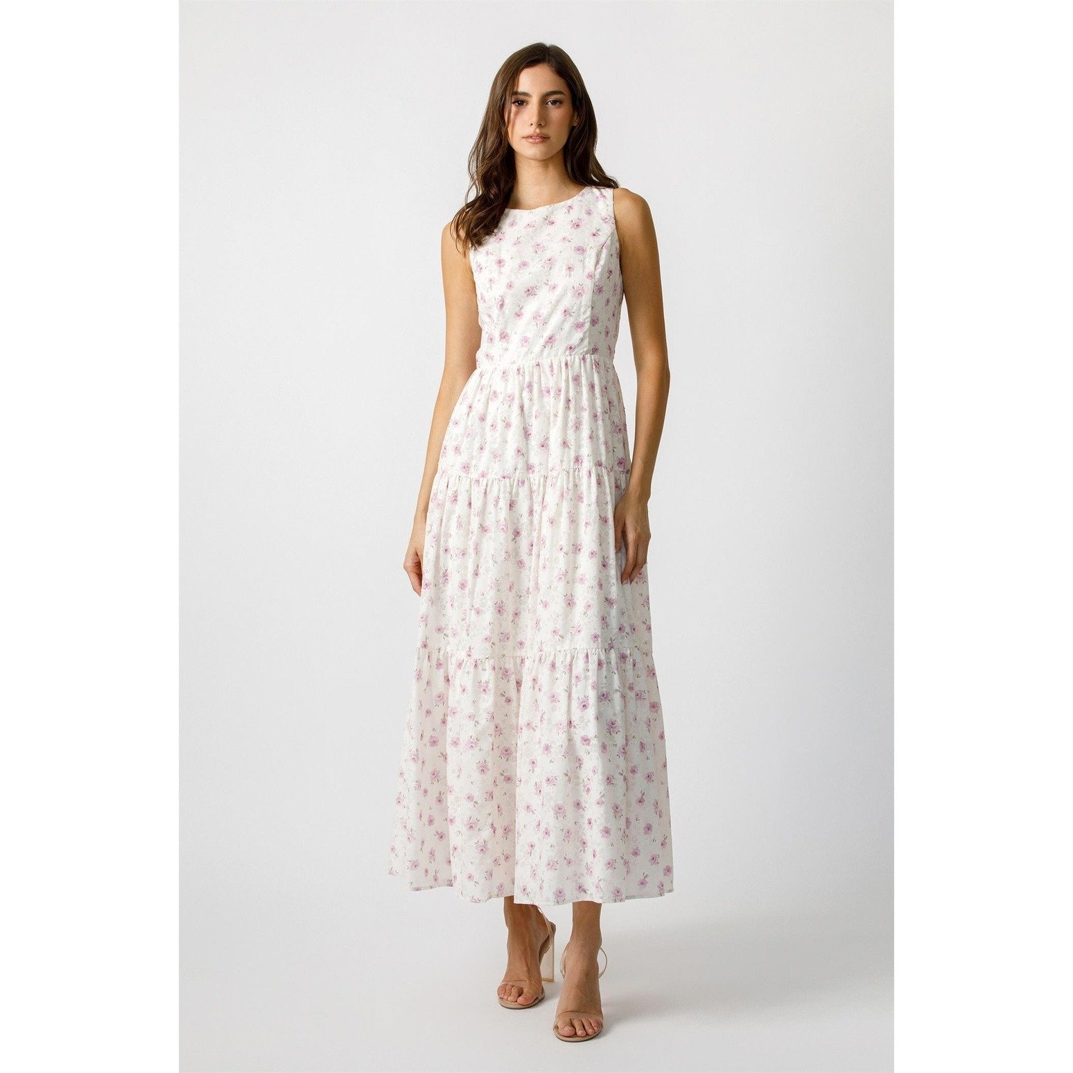 Swiss Dot Tiered Maxi Dress Ivory & Lilac Floral