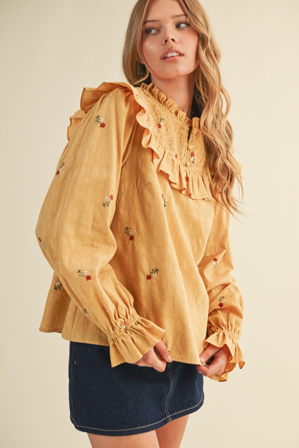 Ruffled Smocked Yoke Embroidered Blouse Mustard