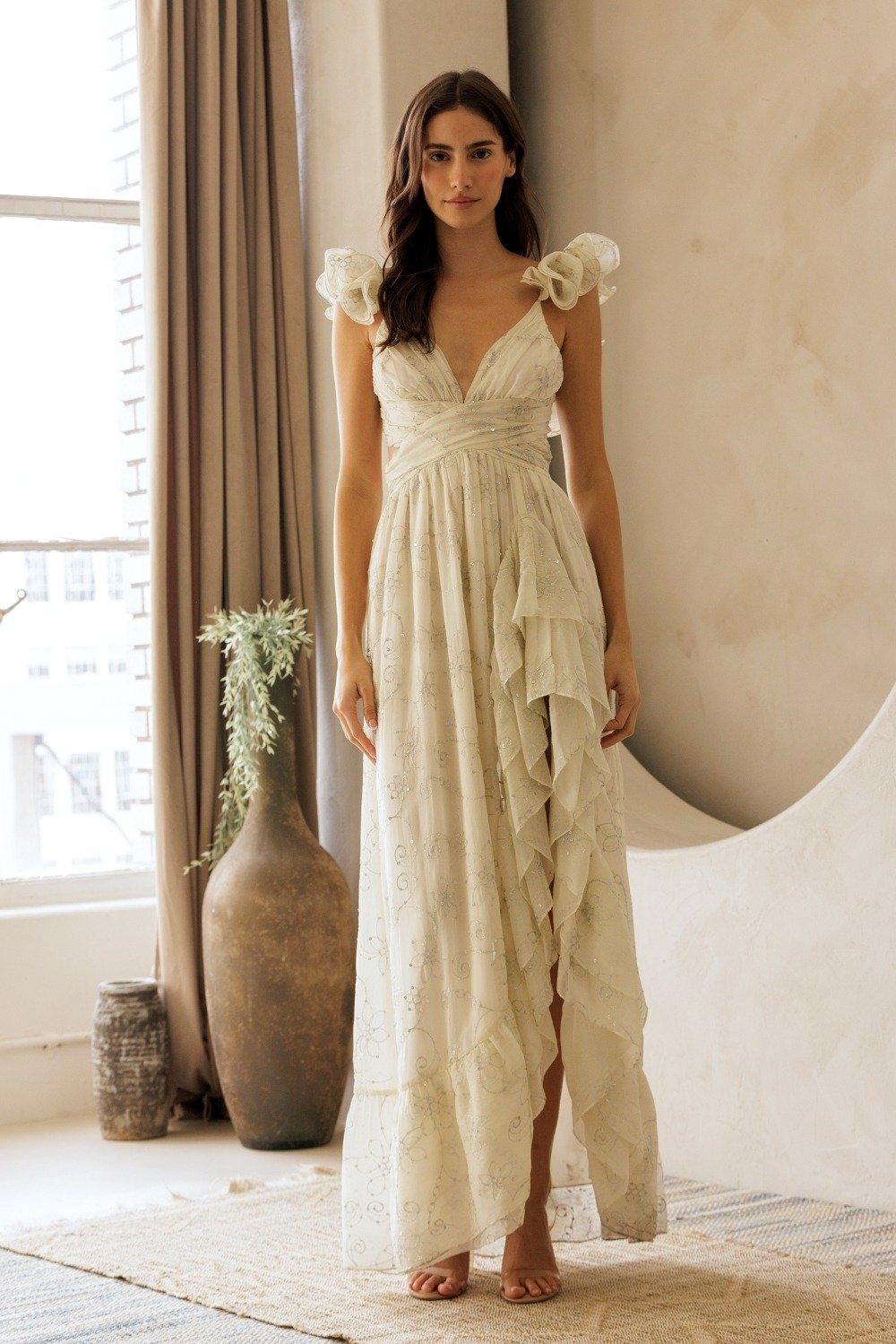 Julietta Maxi Dress - Cream & Silver Embroidered Floral