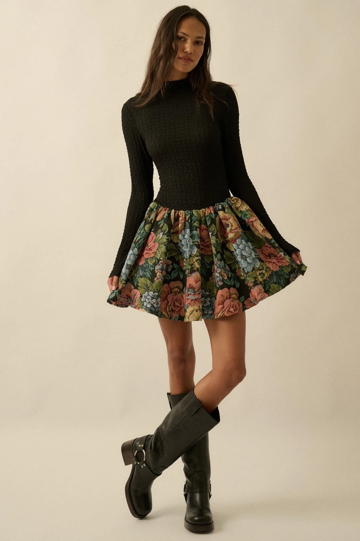 Textured Knit Bubble Mini Dress Tapestry Floral