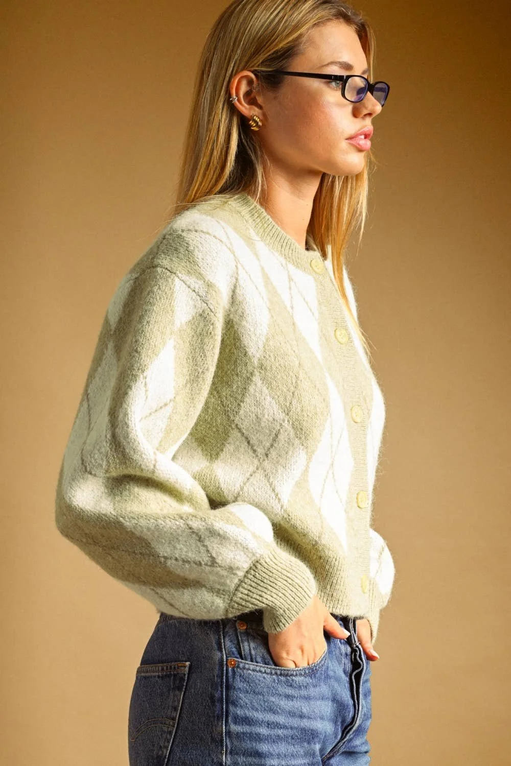 Argyle Button Front Cardigan Matcha