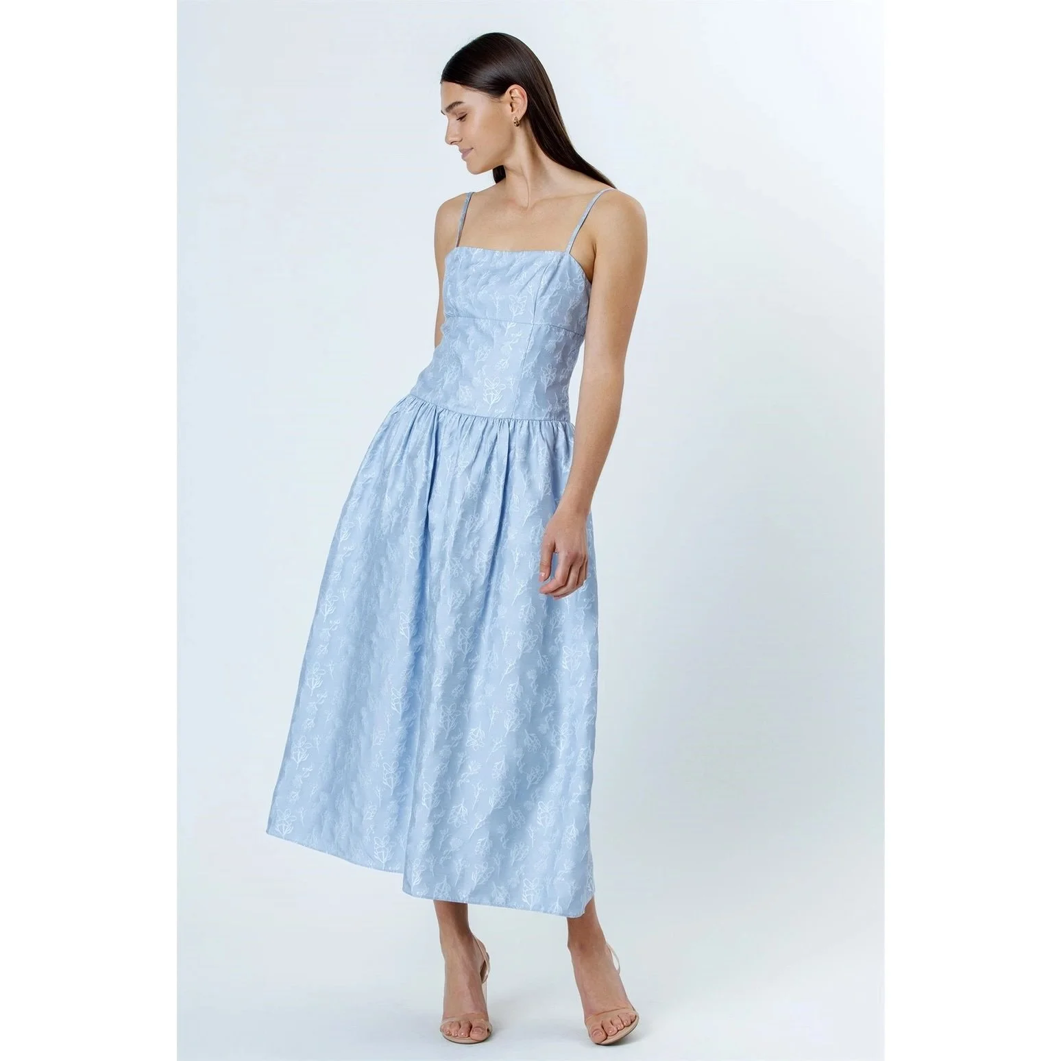 Embroidered Floral Drop Waist Midi Dress Baby Blue