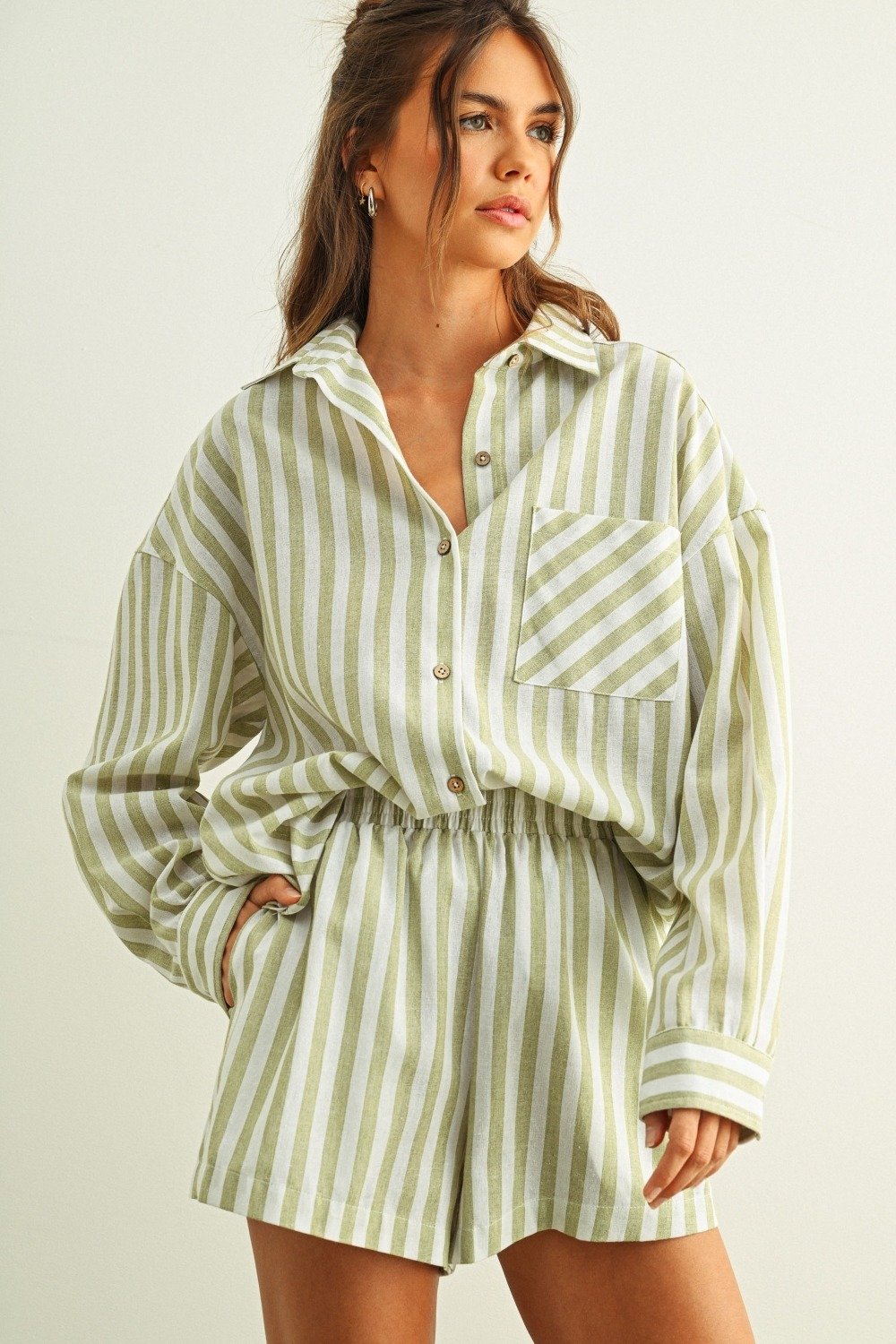 Linen Collared Button Down Sage & White Stripe