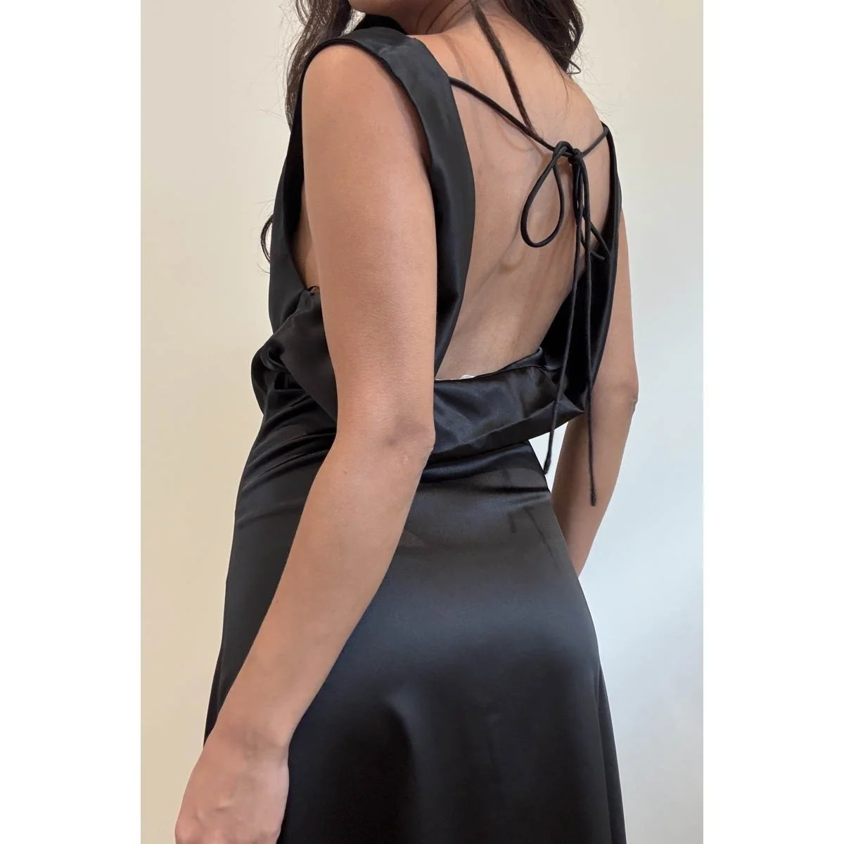 Cowl Neck Plunging Back Satin Dress Black