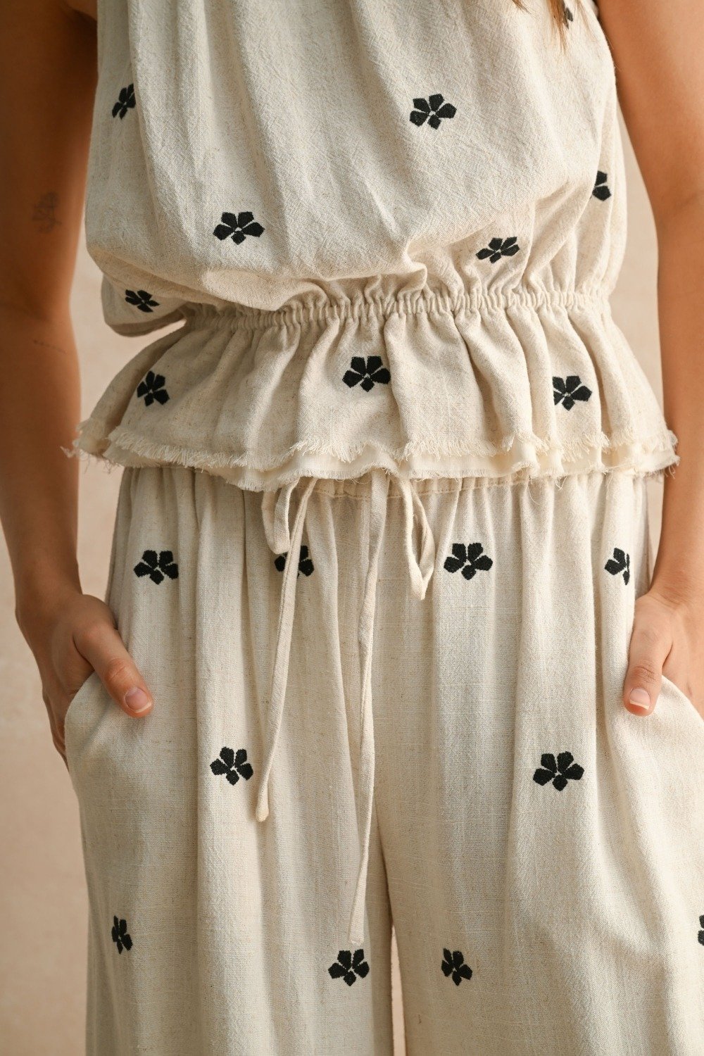 Embroidered Halter Neck Top Oatmeal