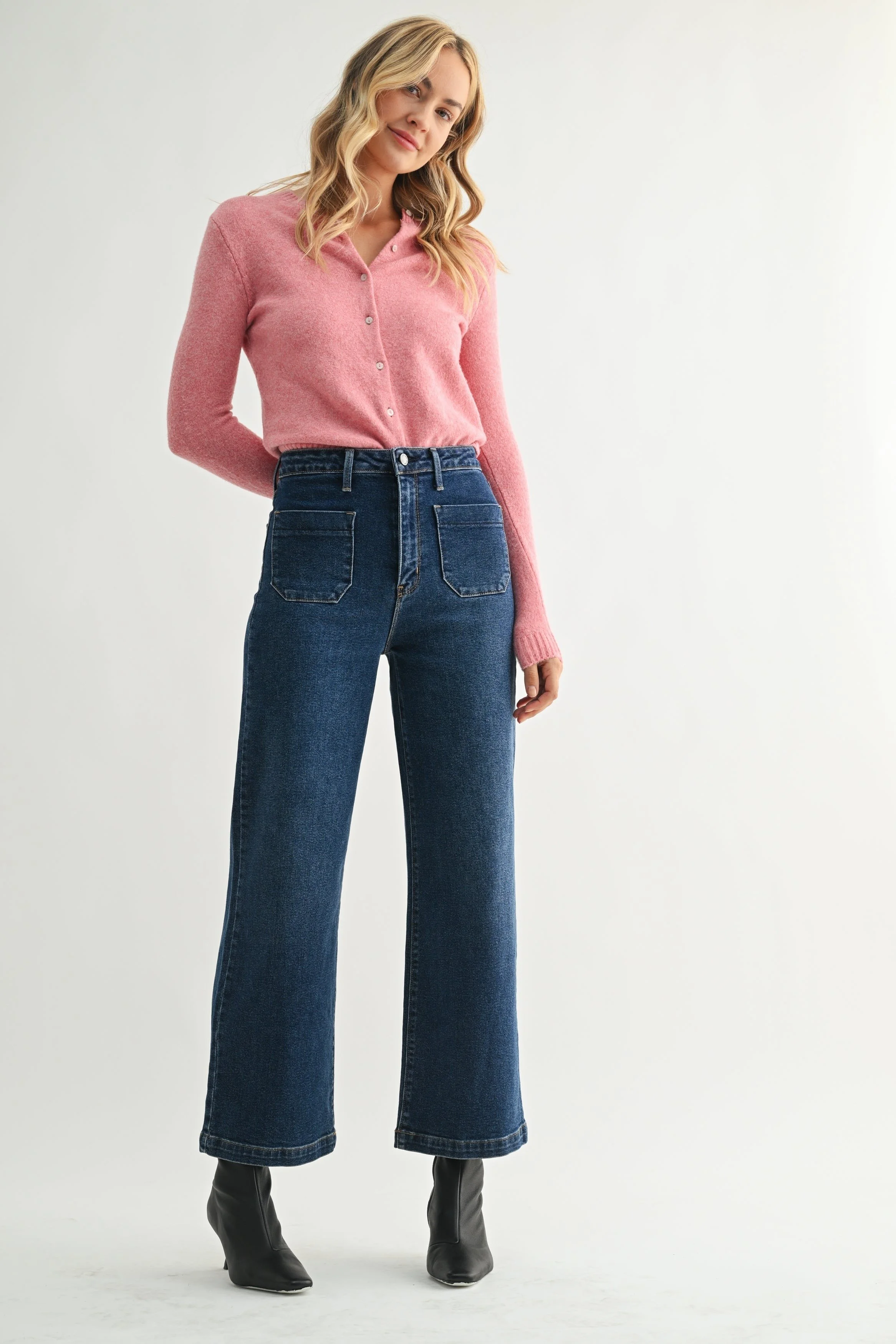 Patch Pocket Wide Leg Jeans Dark Denim
