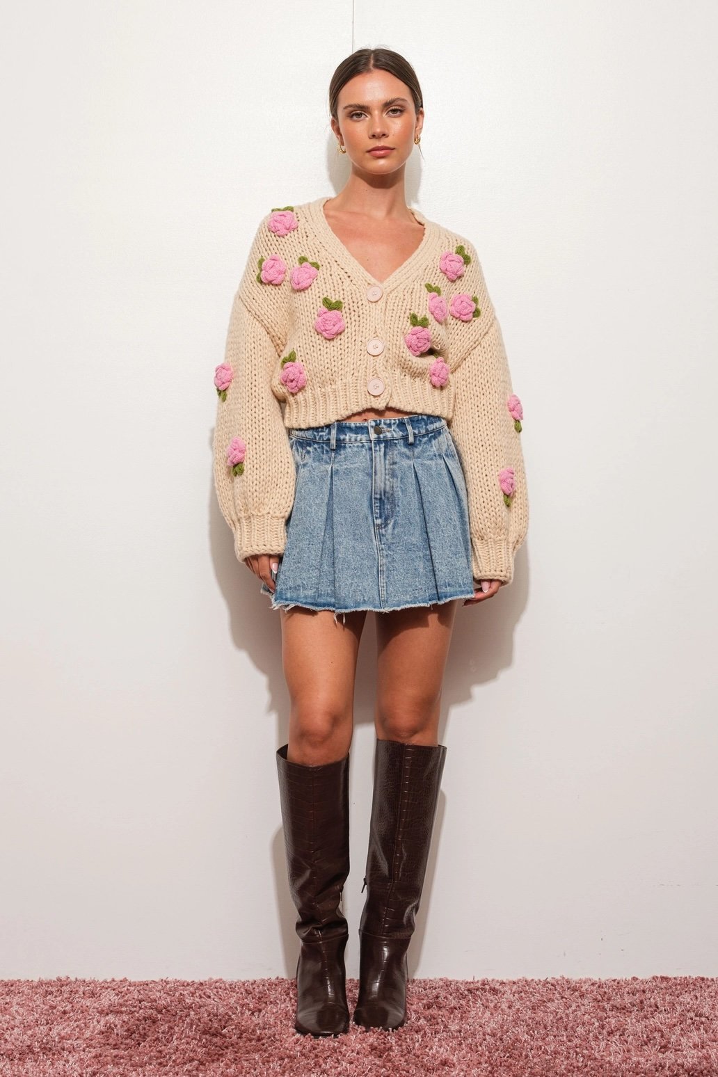 3D Rose Knit Cropped Cardigan Beige & Pink