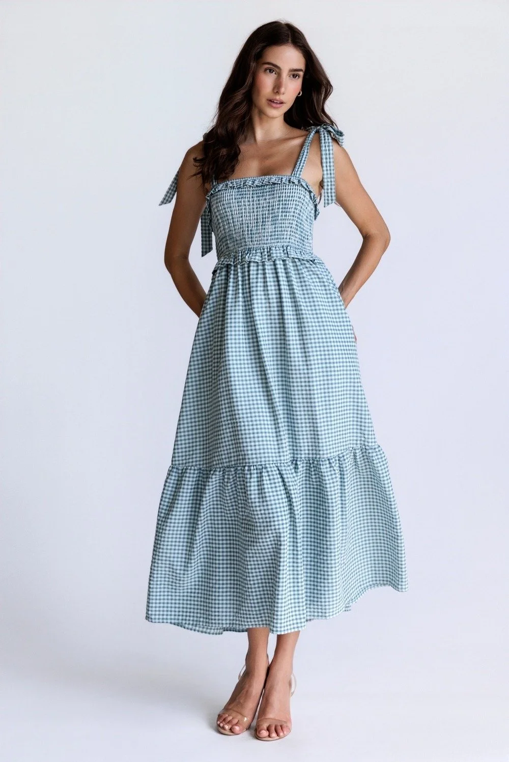 Bow Strap Smocked Midi Dress Teal Gingham
