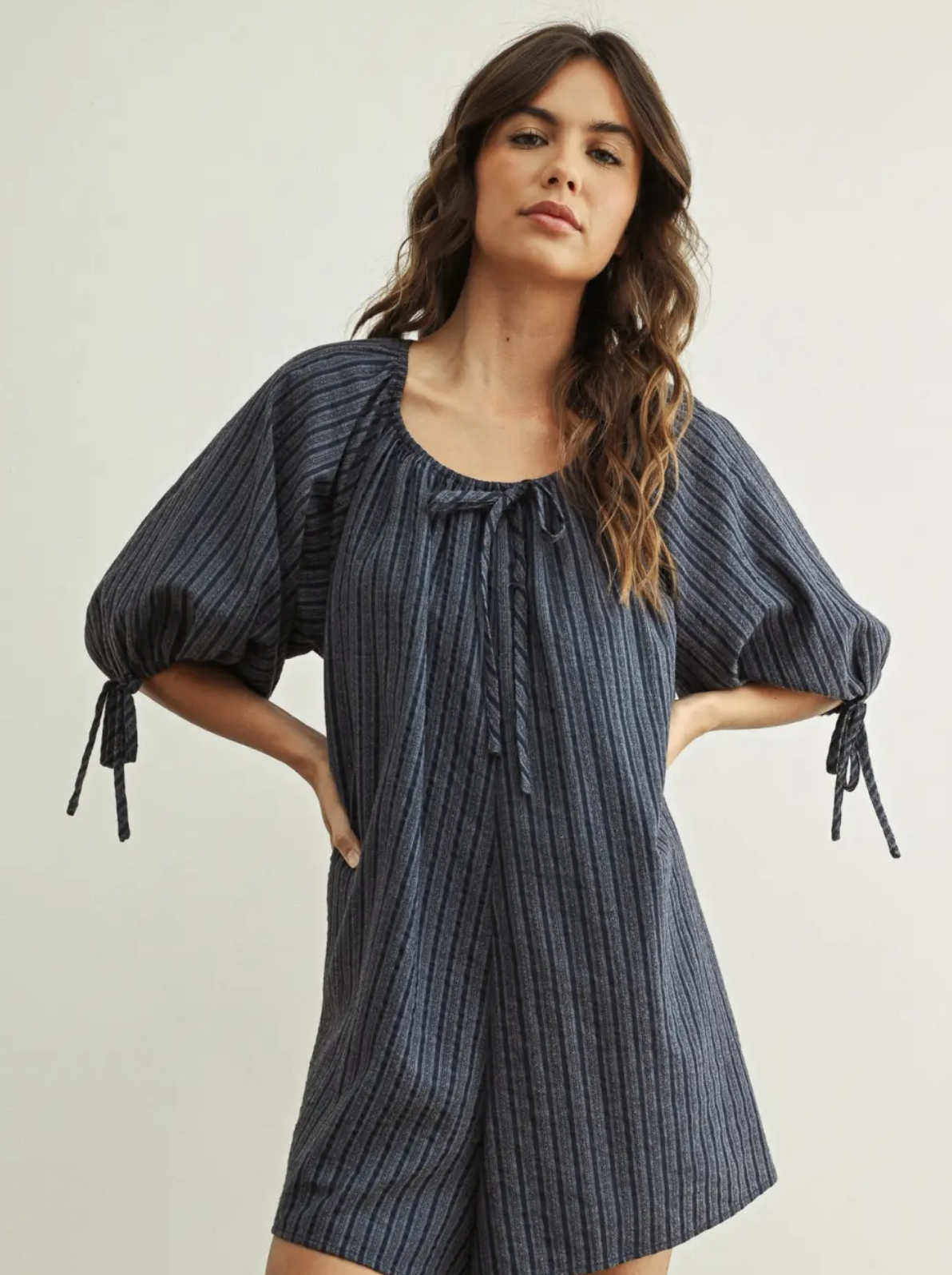 Tonal Stripe Puff Sleeve Babydoll Romper Navy