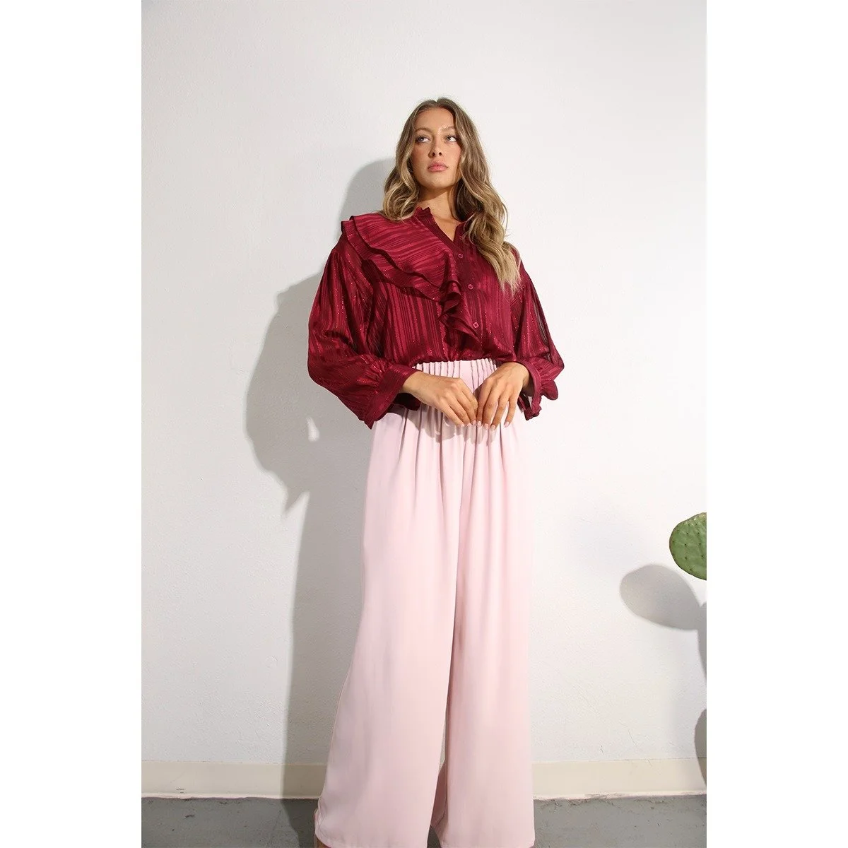 Asymmetric Ruffle Blouse Burgundy