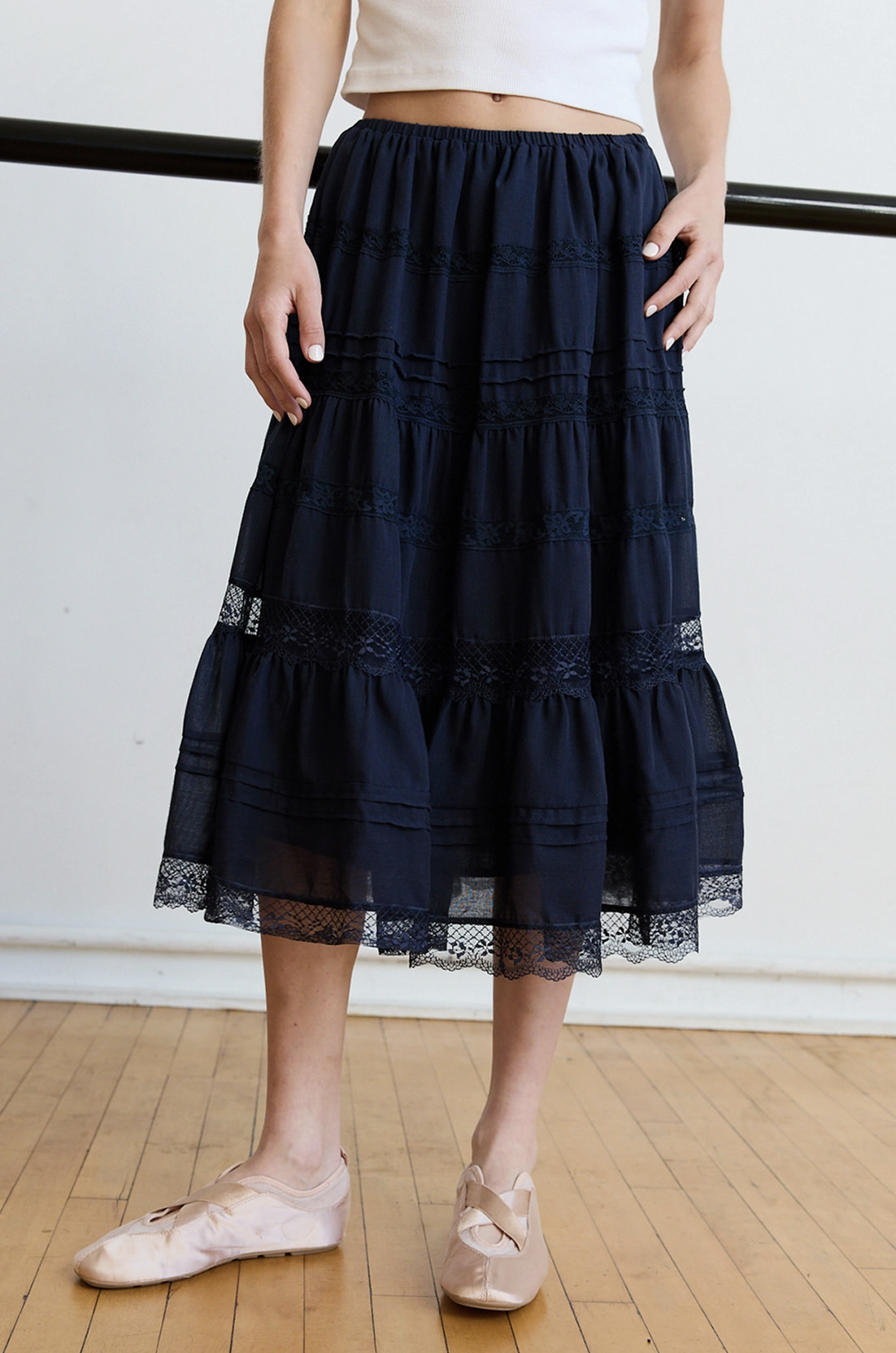Lace Panel Tiered Midi Skirt Navy