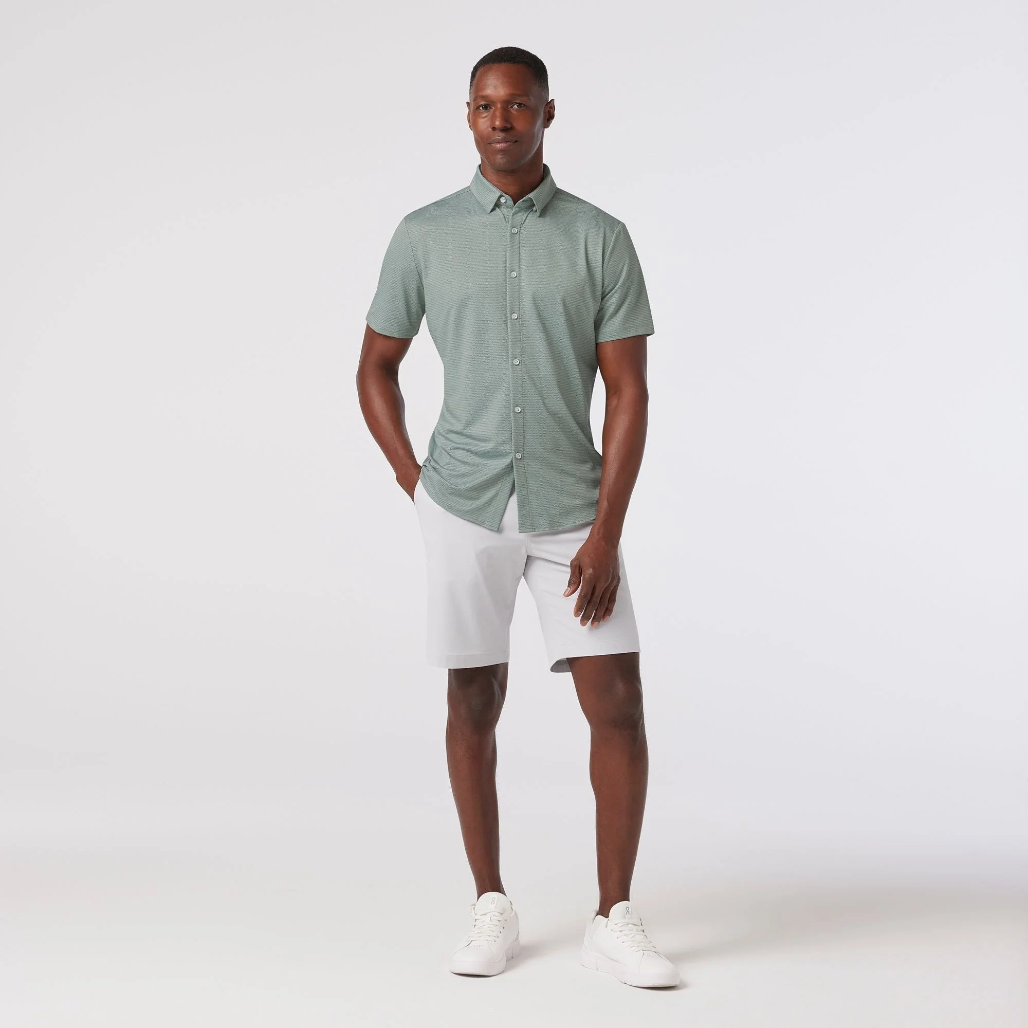 M+M Halyard SS Dress Shirt Pale Green Dot Stripe