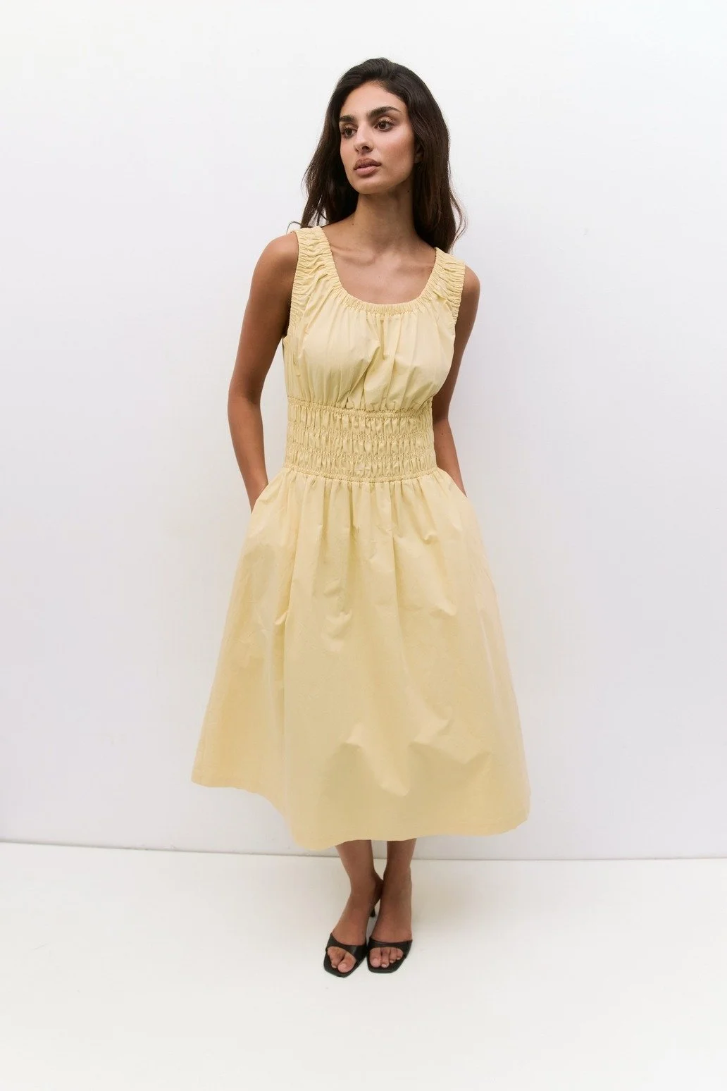 The Daniela Shirred Midi Dress Yellow