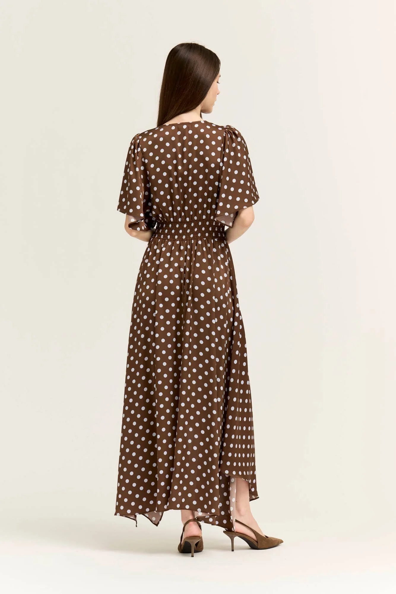 V-neck Handkerchief Hem Satin Gown Chocolate & Blue Polka