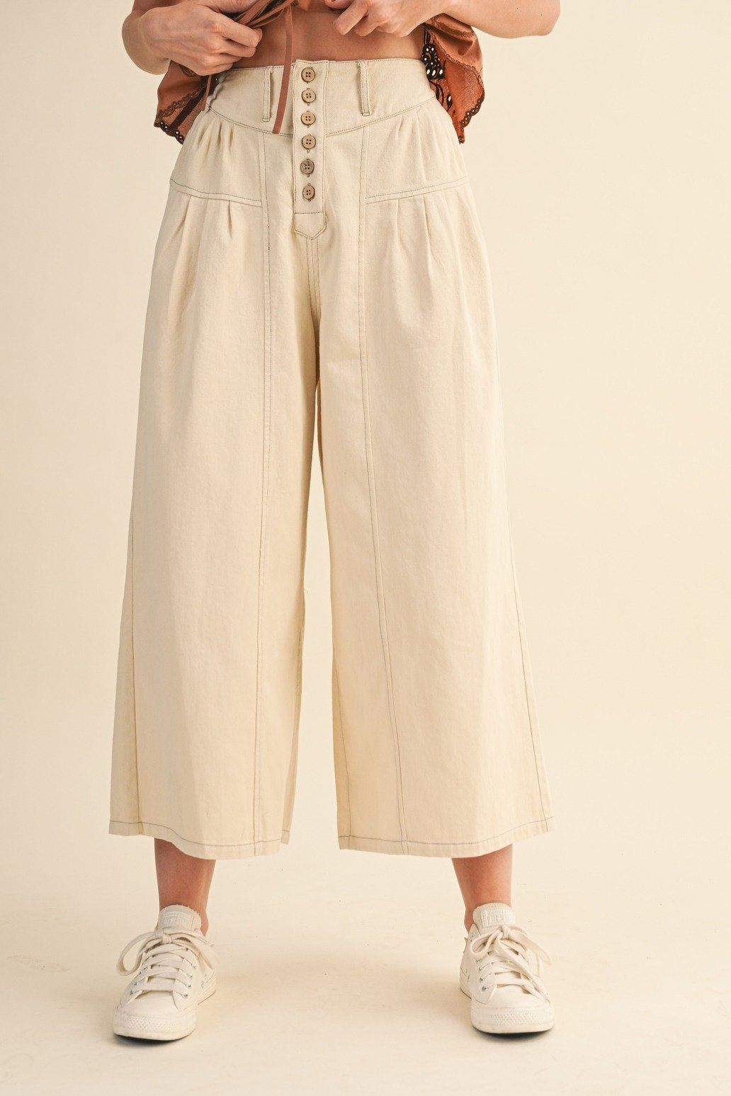 Cotton Twill Pleat Front Pants Cream