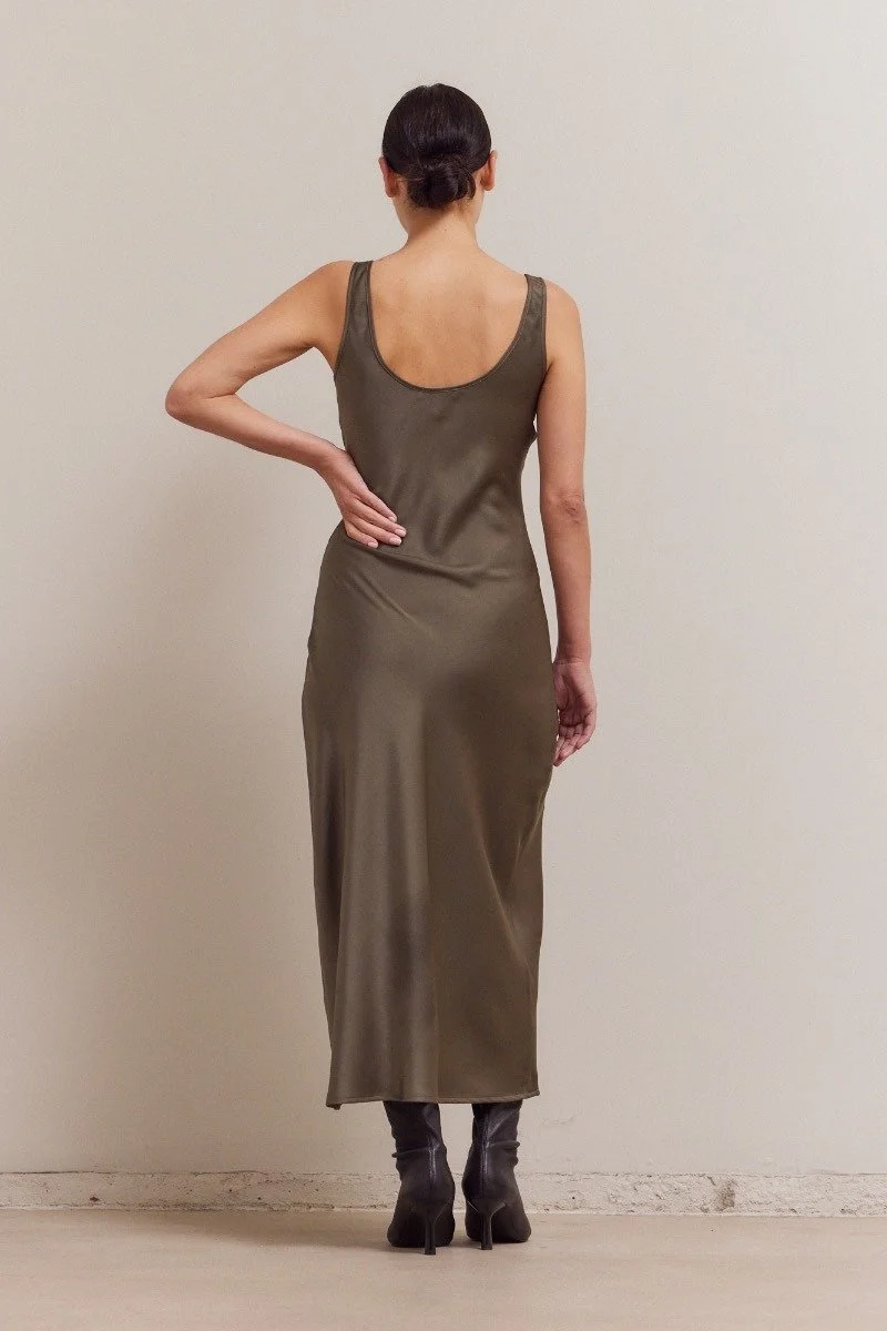 Scoop Neck Satin Maxi Slip Dress Olive