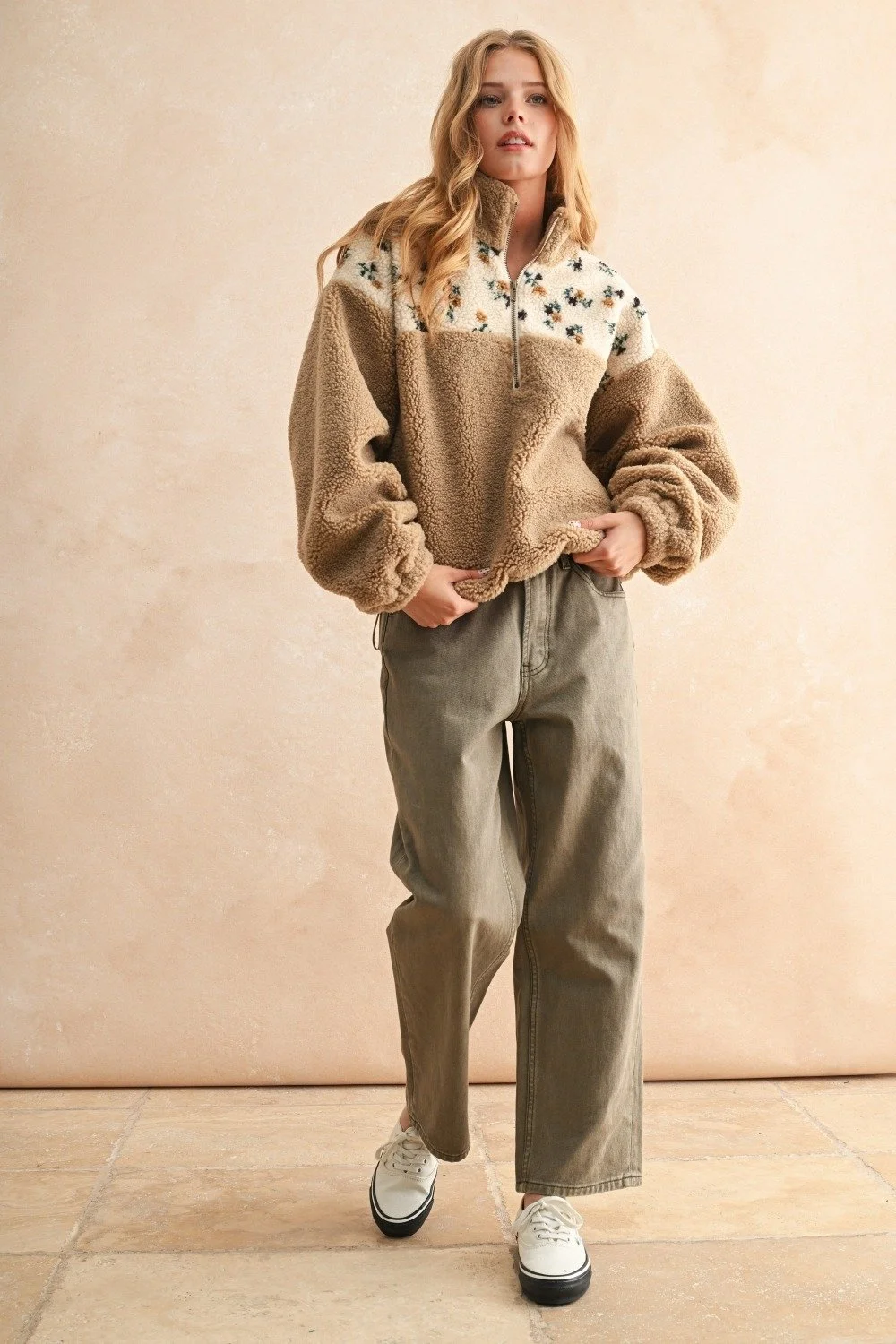 Floral Print Sherpa Half Zip Pullover Camel