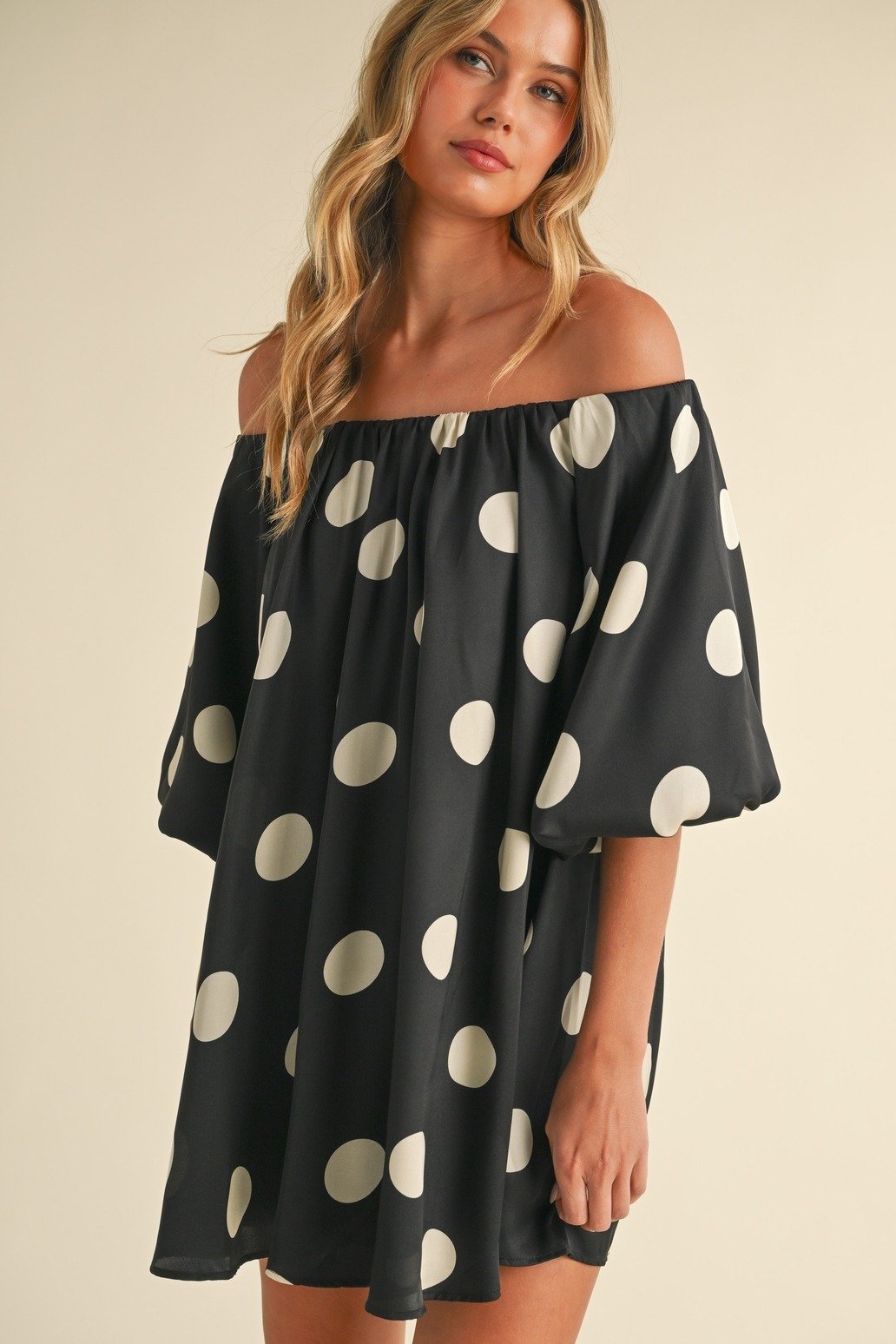 Polka Dot Balloon Sleeve Off-Shoulder Mini Dress Black & Cream
