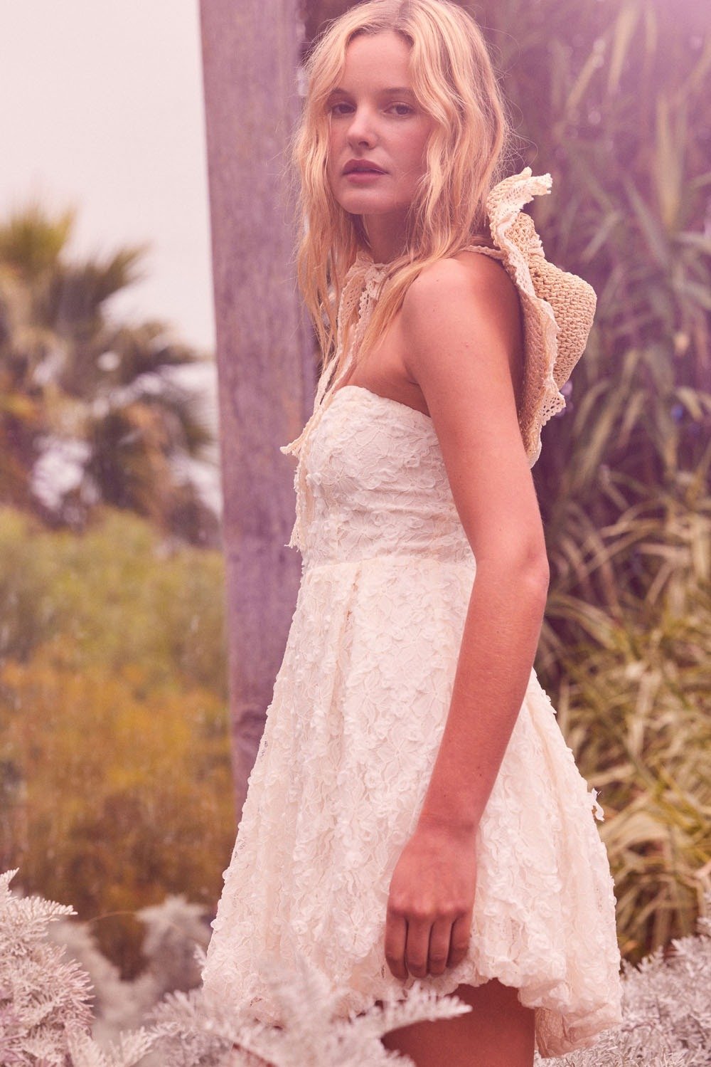 3D Floral Lace Strapless Bubble Mini Dress Cream