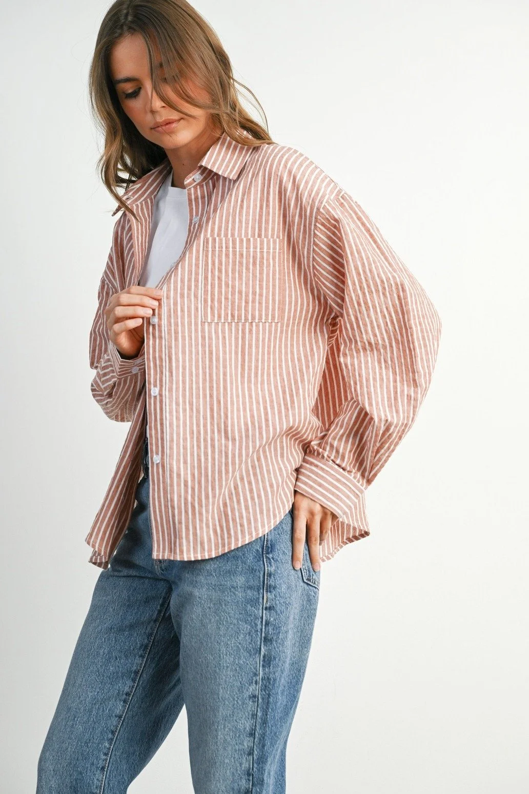 Collared Button Up Top Brick Stripe