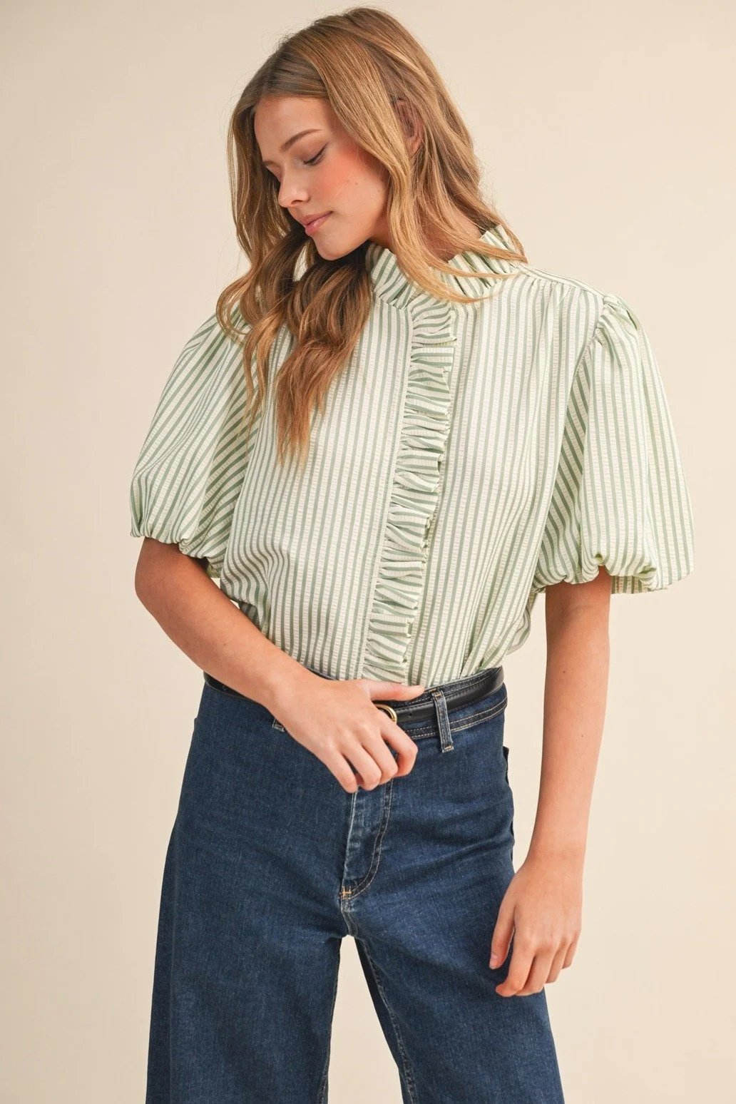 Ruffle Collar Button Front Blouse Mint Seersucker