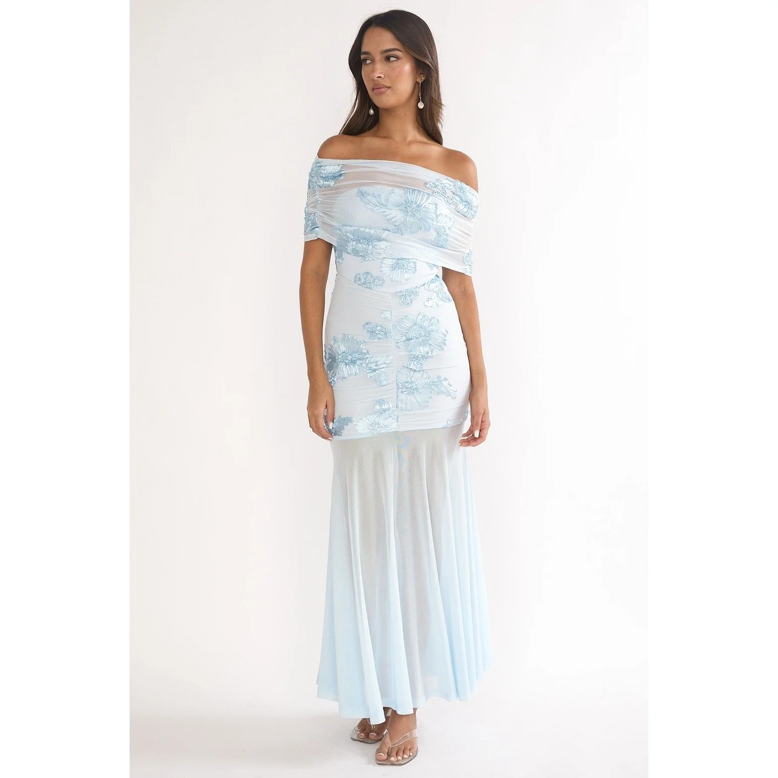 Off Shoulder Floral Maxi Dress Ice Blue