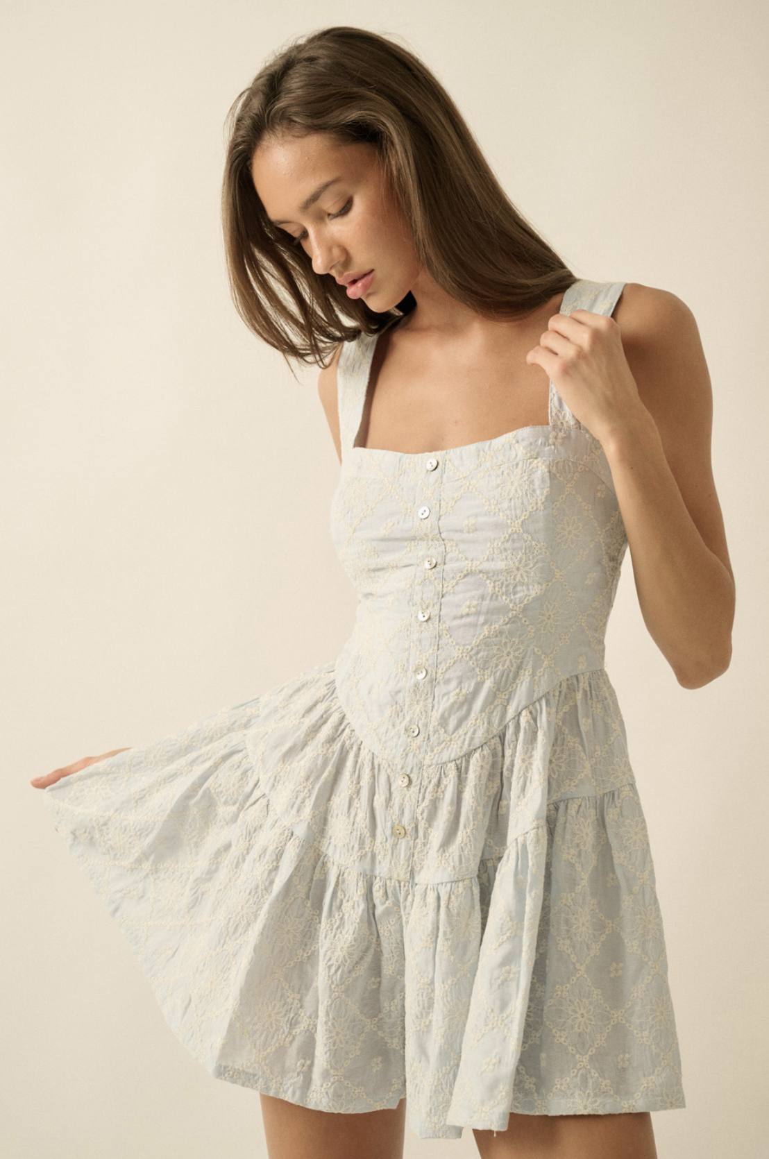 Floral Embroidered Tiered Corset Romper Light Chambray