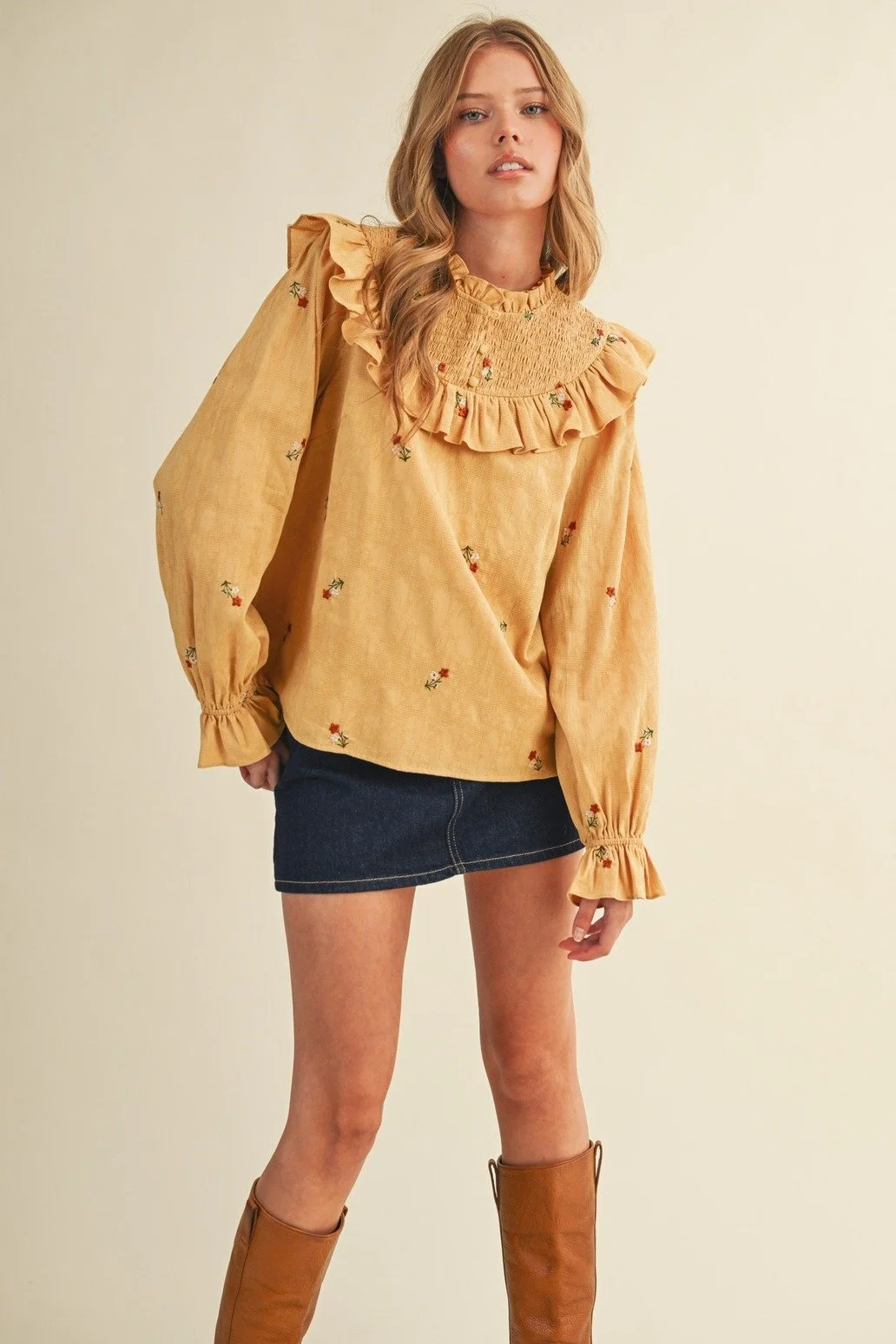 Ruffled Smocked Yoke Embroidered Blouse Mustard